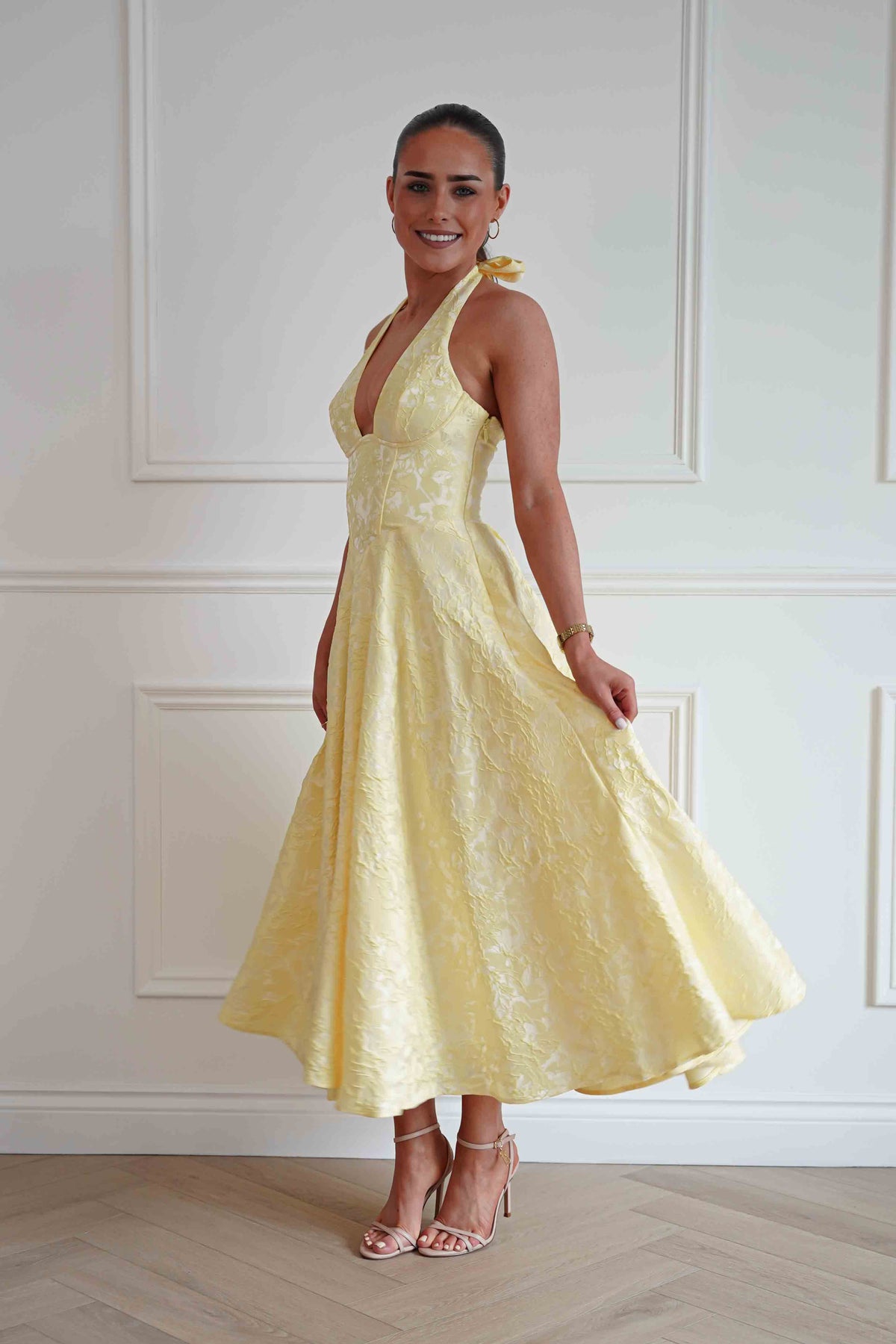 Mila Jacquard Plunge Midi Dress | Yellow-Oh Hello Clothing