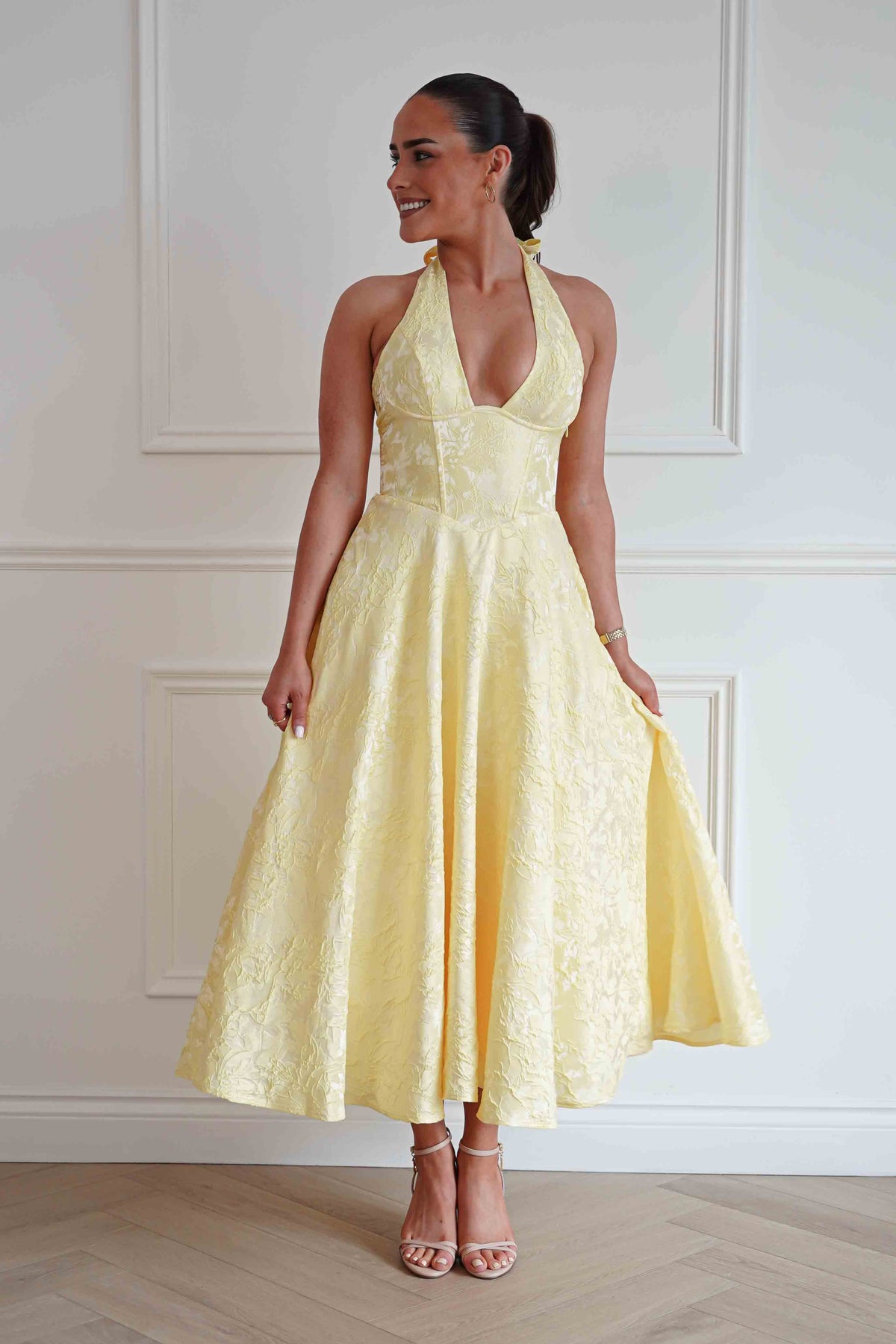 Mila Jacquard Plunge Midi Dress | Yellow-Oh Hello Clothing