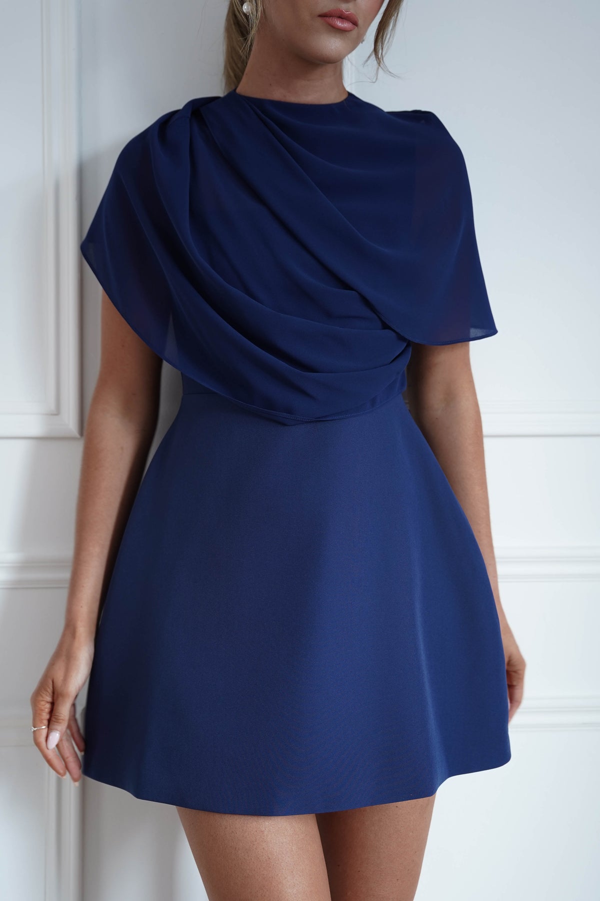 * FTY | Navy Structured Chiffon Cape Mini Dress-Oh Hello Clothing