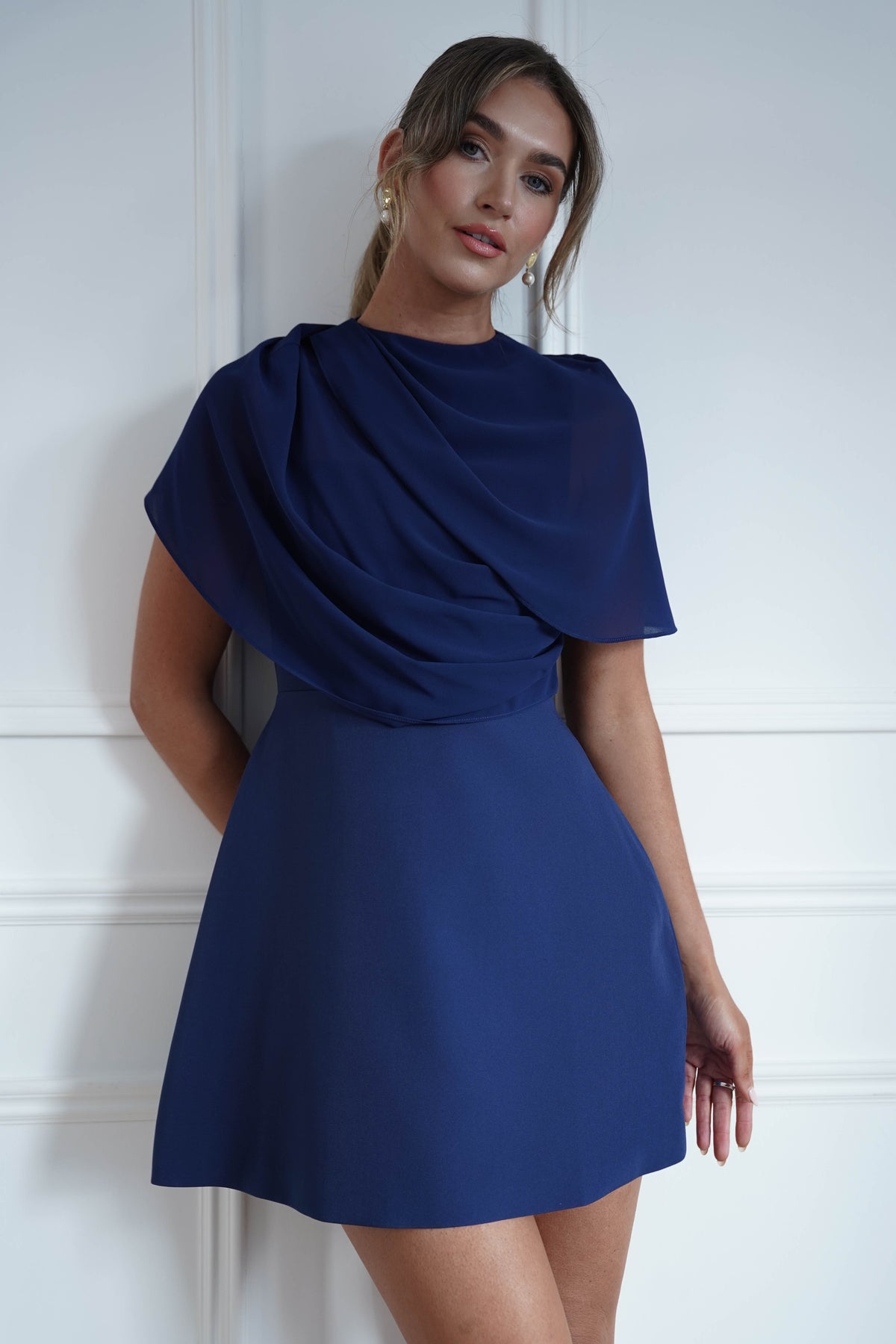 * FTY | Navy Structured Chiffon Cape Mini Dress-Oh Hello Clothing