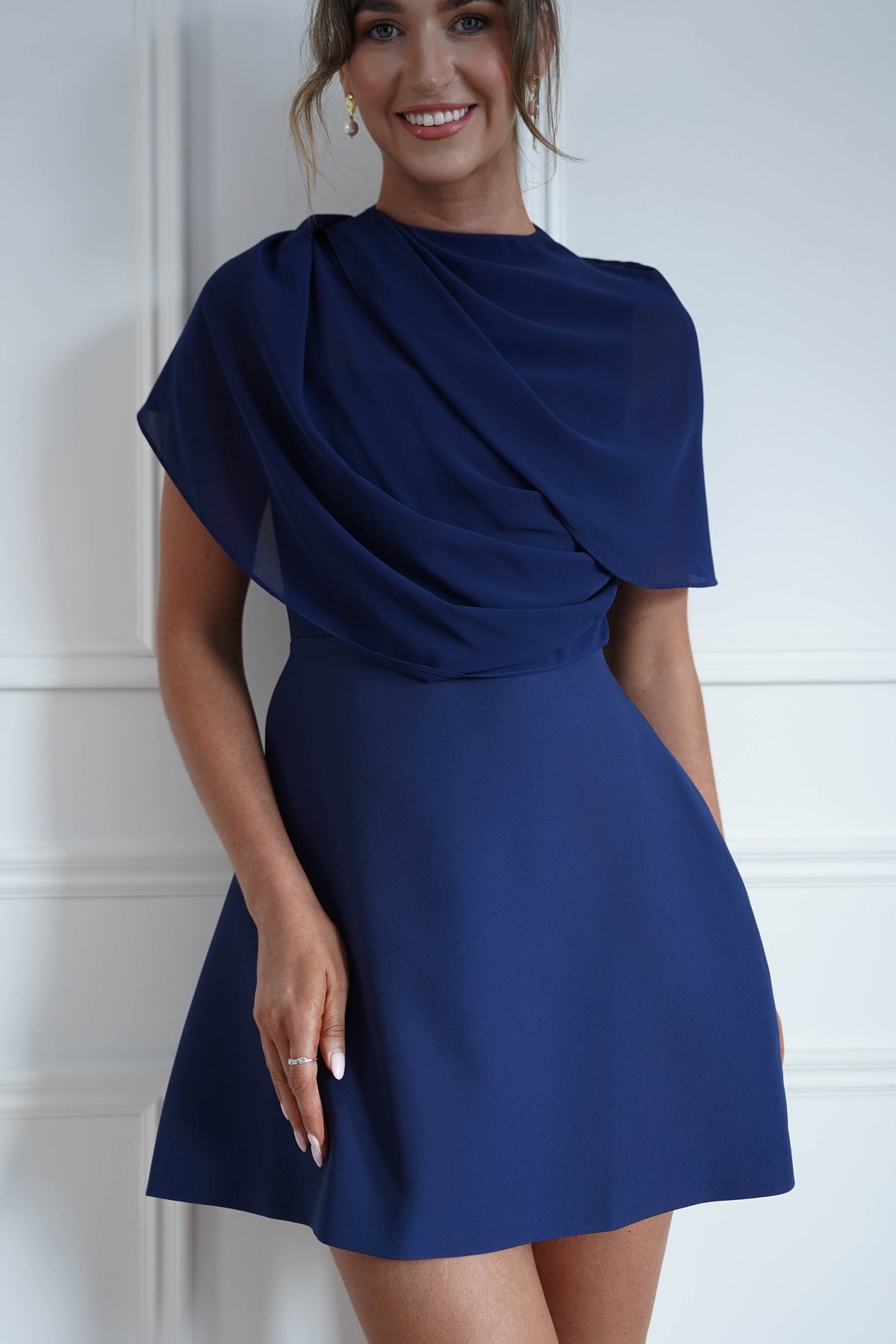* FTY | Navy Structured Chiffon Cape Mini Dress-Oh Hello Clothing