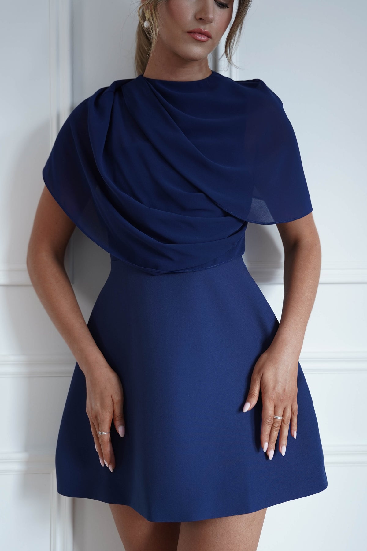 * FTY | Navy Structured Chiffon Cape Mini Dress-Oh Hello Clothing