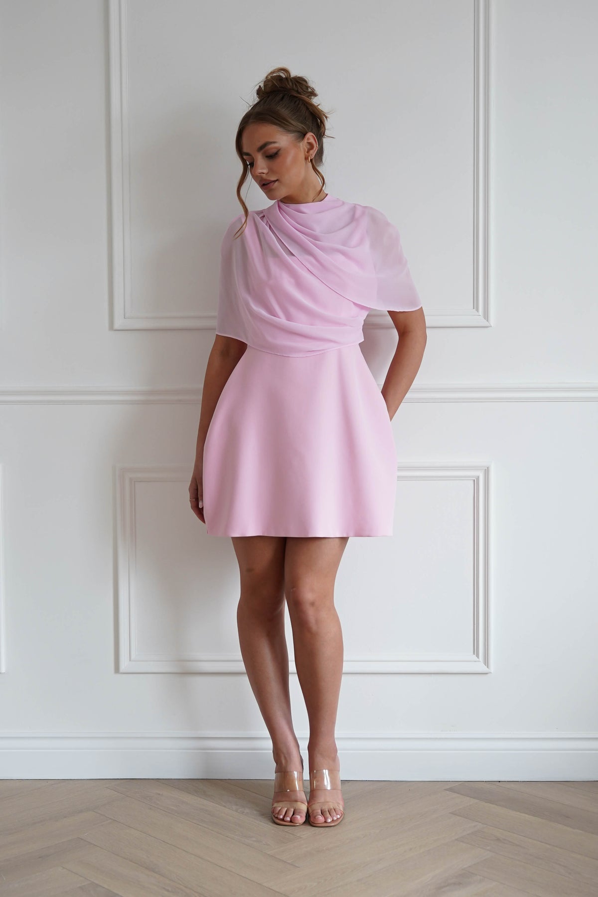 Millie Structured Chiffon Cape Mini Dress | Pink-Oh Hello Clothing
