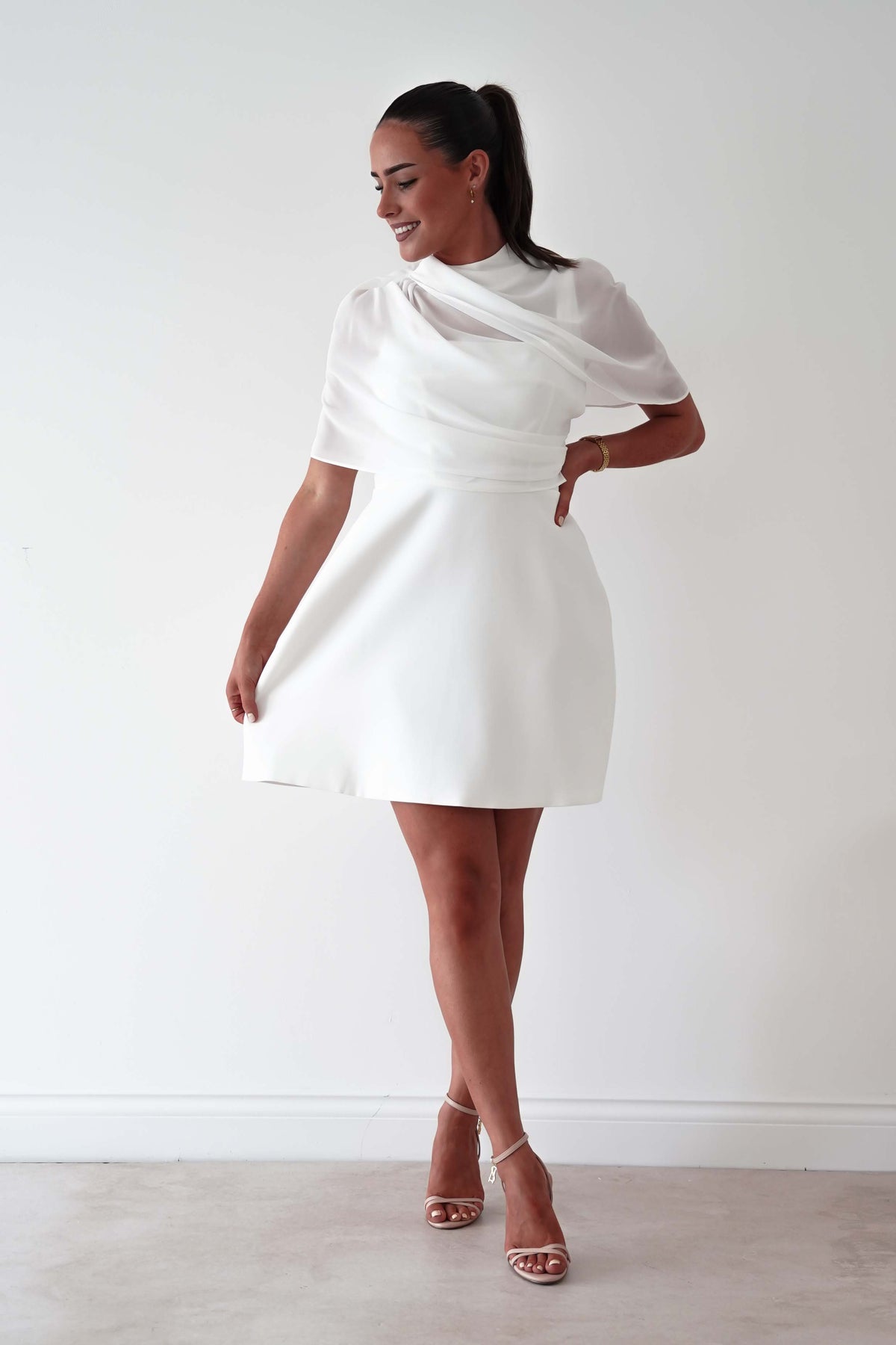 Millie Structured Chiffon Cape Mini Dress | White-Oh Hello Clothing