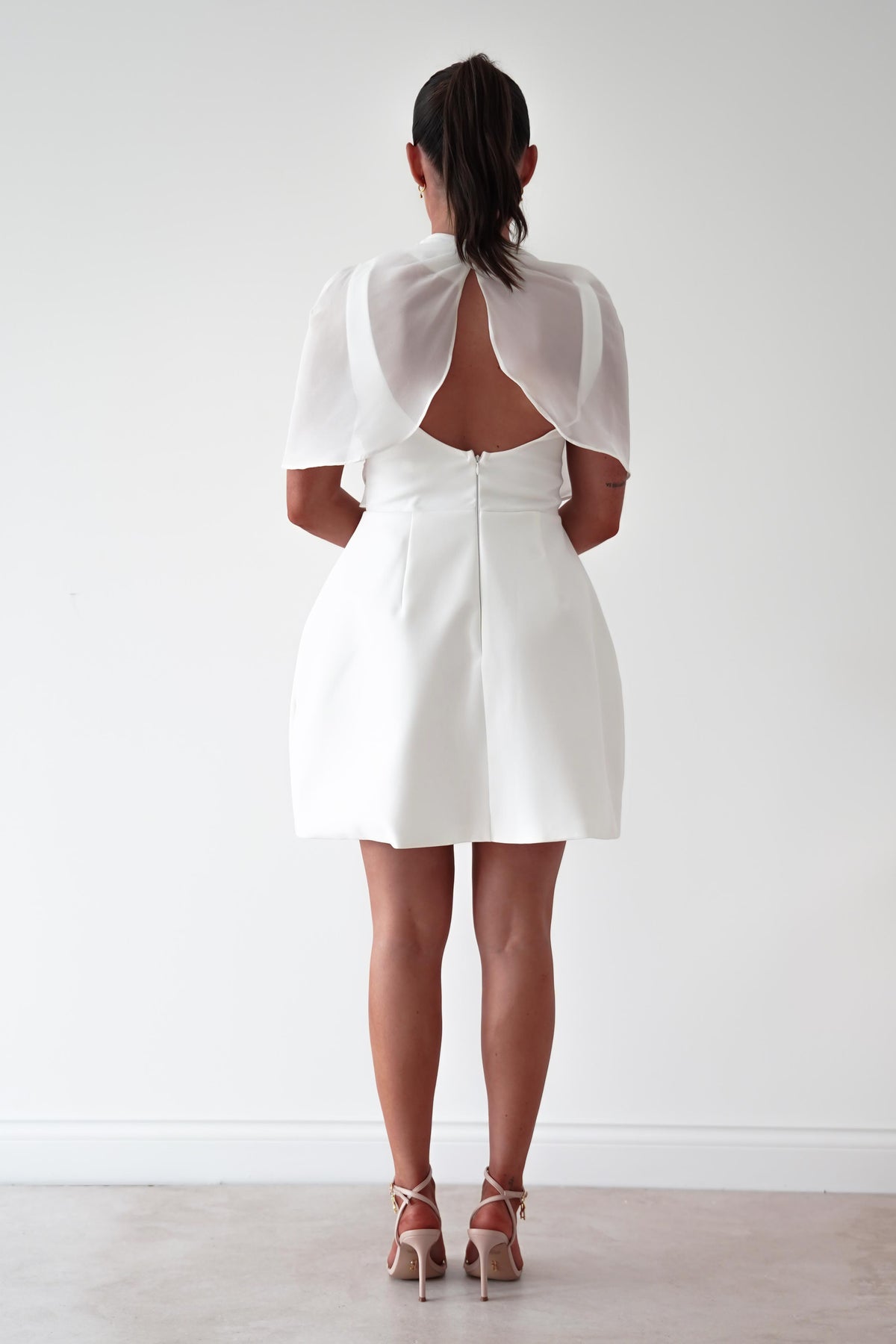 Millie Structured Chiffon Cape Mini Dress | White-Oh Hello Clothing
