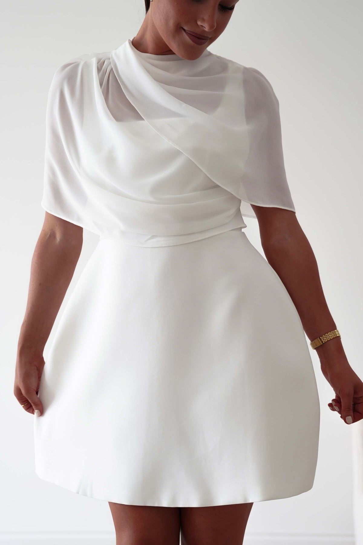 Millie Structured Chiffon Cape Mini Dress | White-Oh Hello Clothing