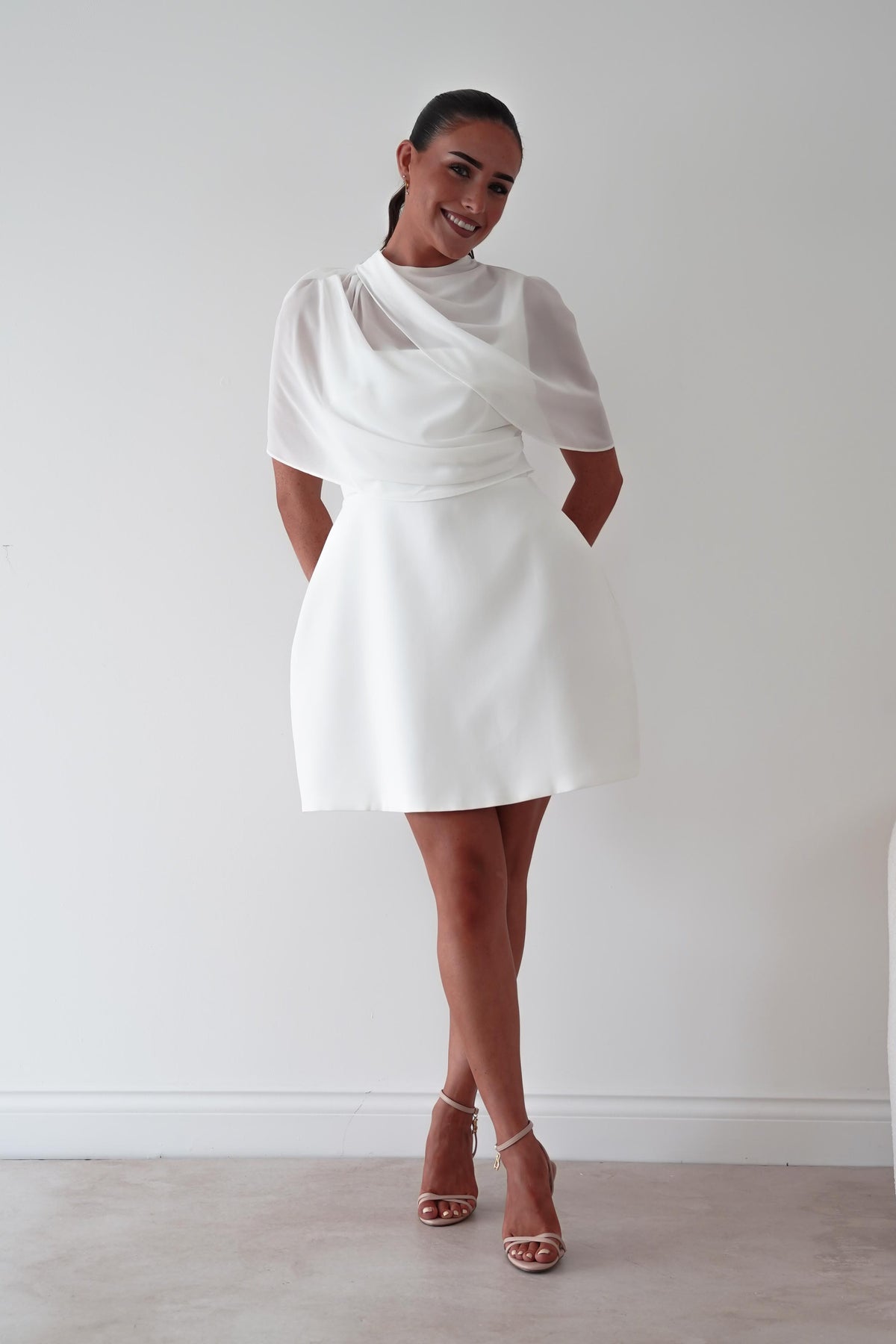 Millie Structured Chiffon Cape Mini Dress | White-Oh Hello Clothing