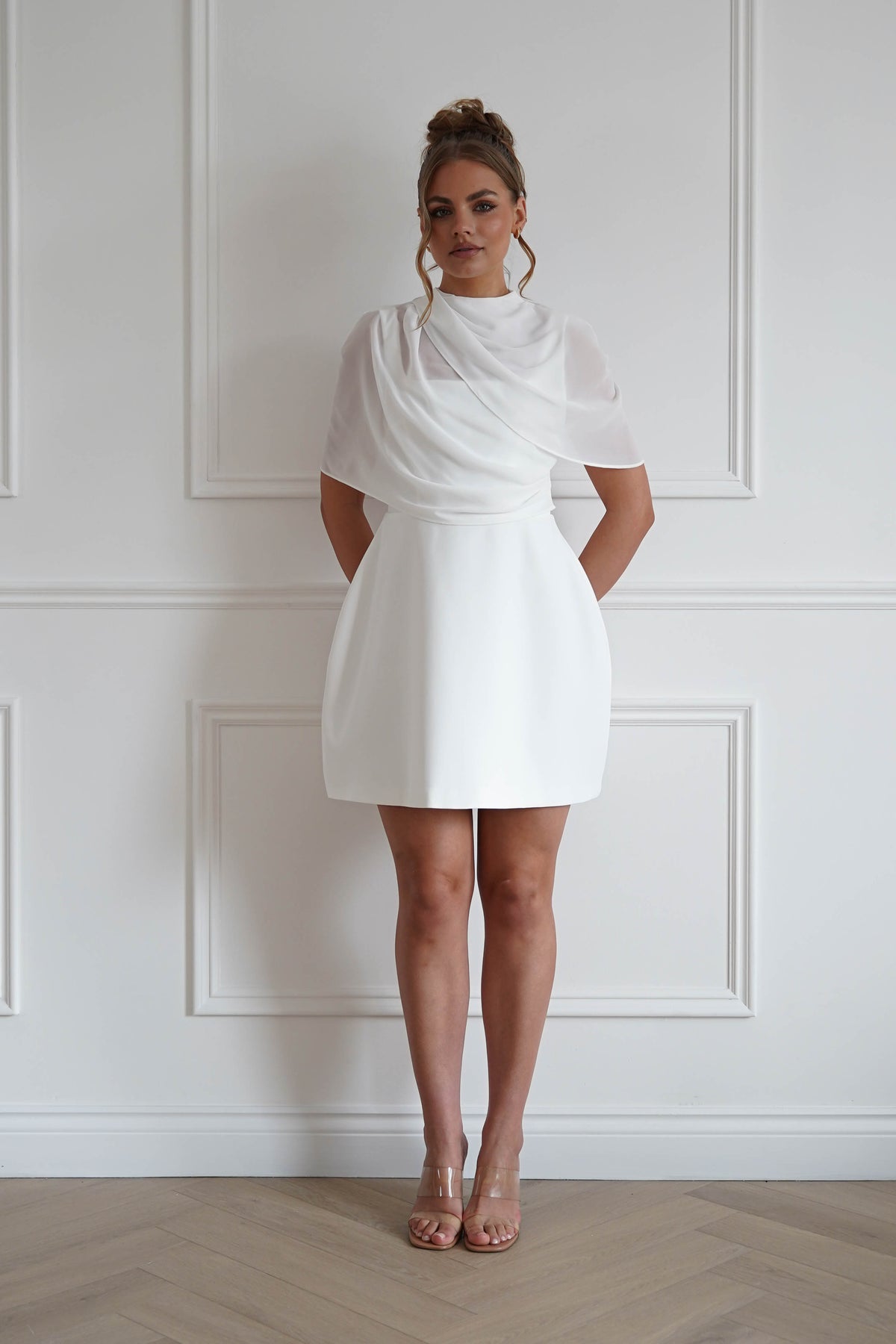Millie Structured Chiffon Cape Mini Dress | White-Oh Hello Clothing