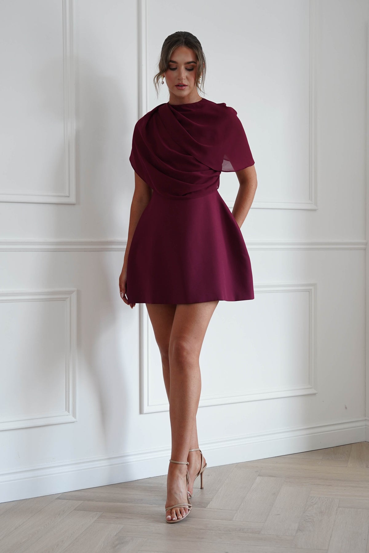 * FTY | Burgundy Structured Chiffon Cape Mini Dress-Oh Hello Clothing