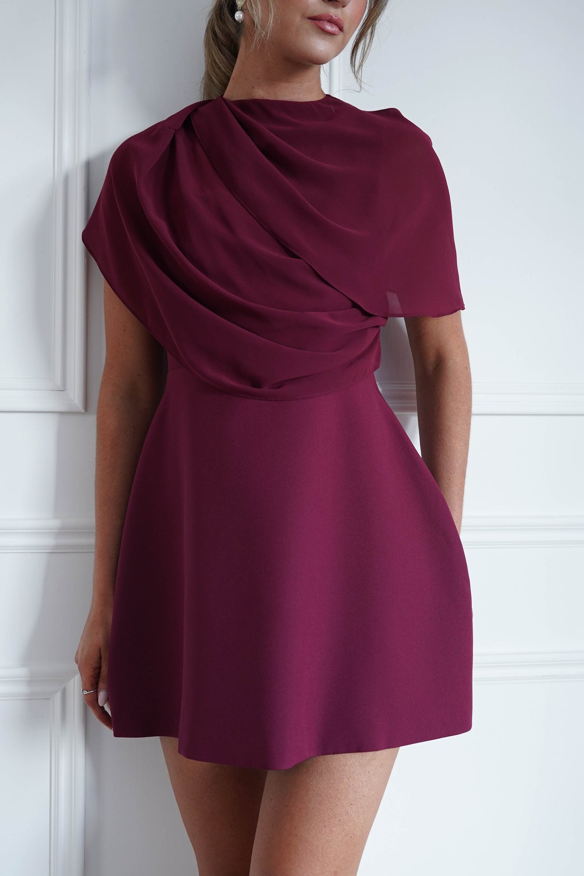 * FTY | Burgundy Structured Chiffon Cape Mini Dress-Oh Hello Clothing