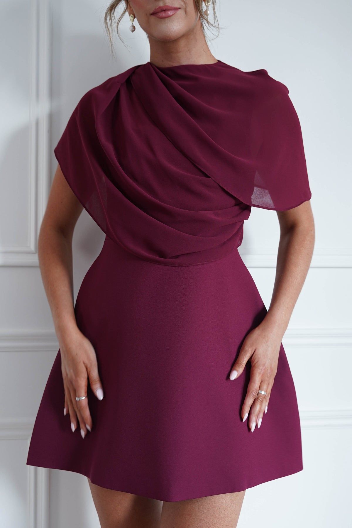 * FTY | Burgundy Structured Chiffon Cape Mini Dress-Oh Hello Clothing