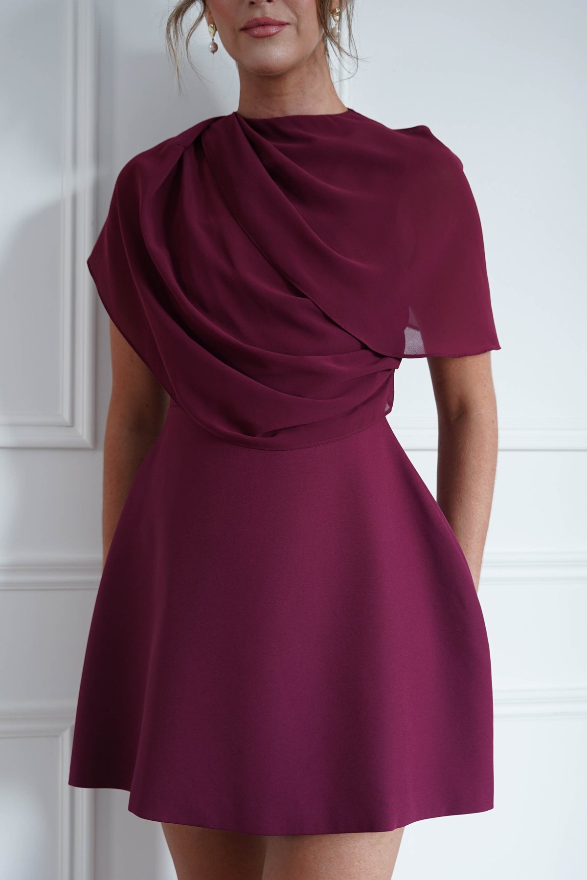 * FTY | Burgundy Structured Chiffon Cape Mini Dress-Oh Hello Clothing