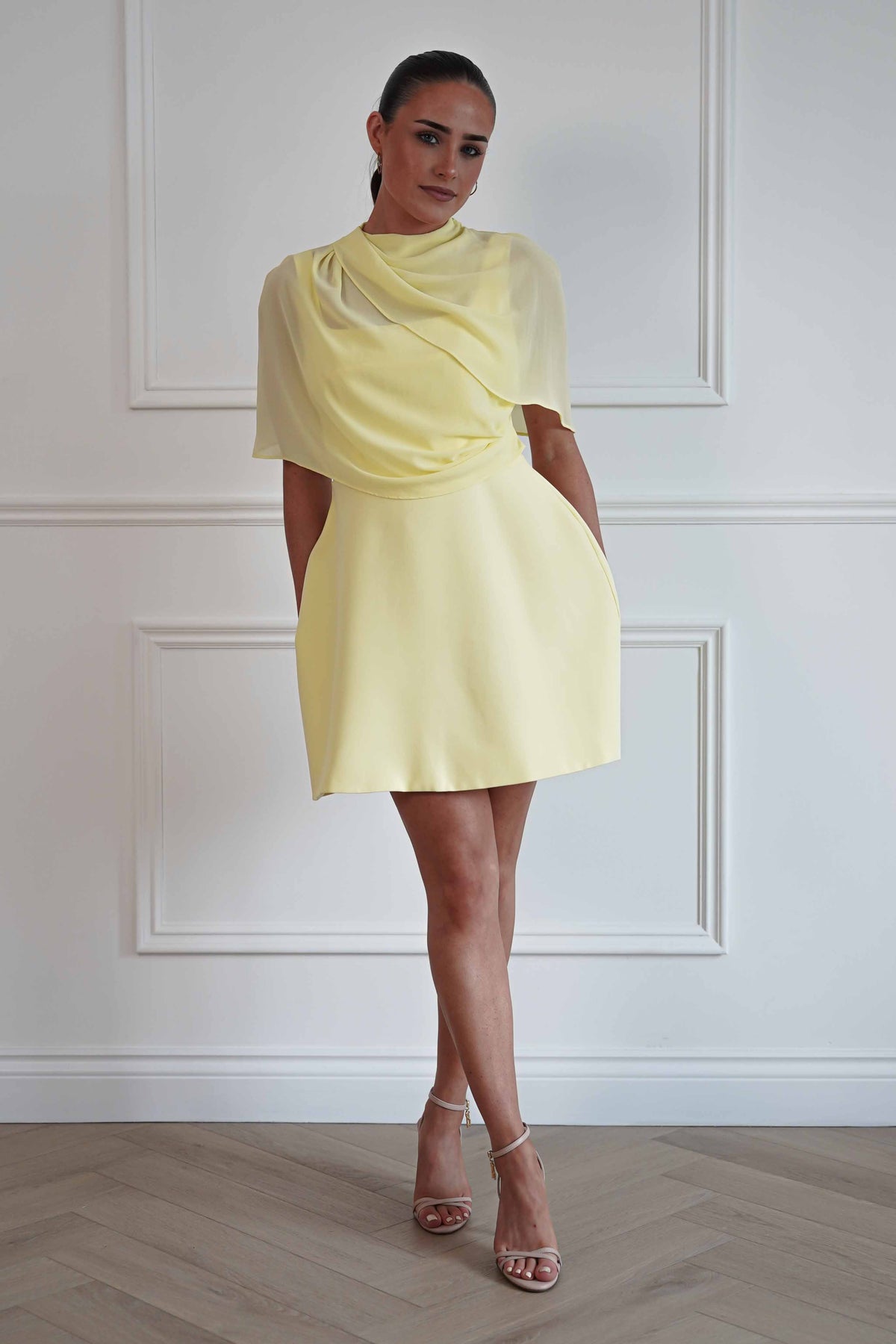 Millie Structured Chiffon Cape Mini Dress | Yellow-Oh Hello Clothing