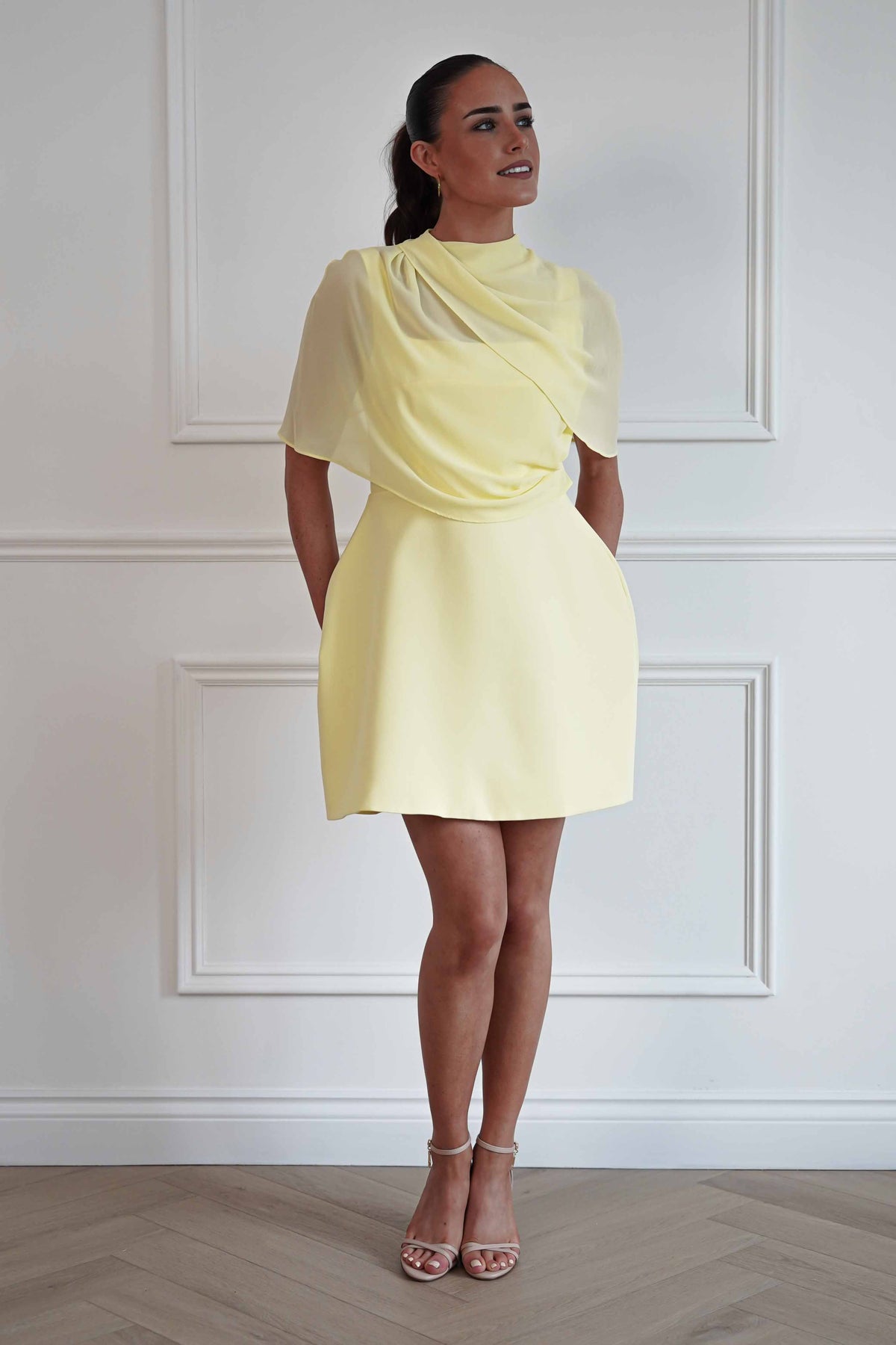 Millie Structured Chiffon Cape Mini Dress | Yellow-Oh Hello Clothing