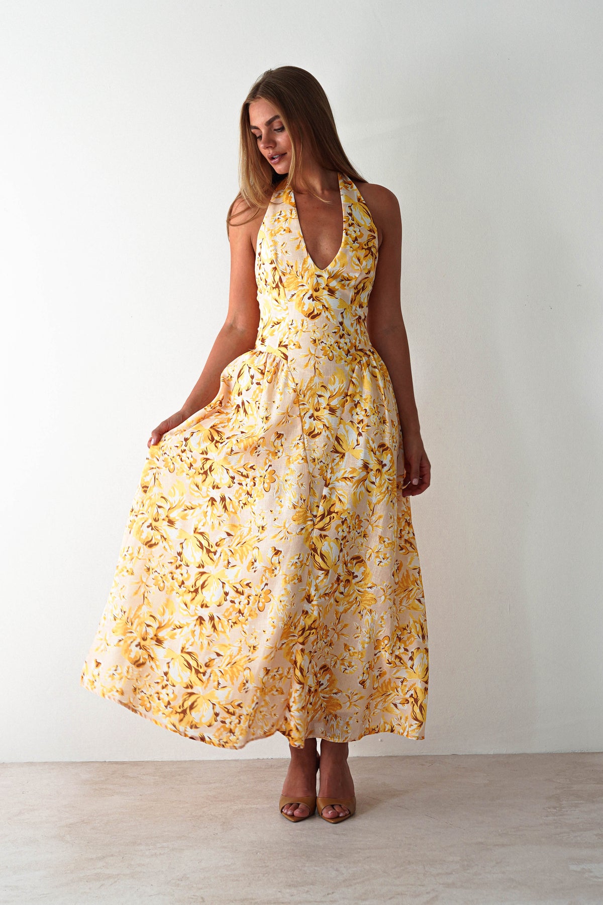 Mina Halterneck Floral Skater Maxi Dress | Yellow-Oh Hello Clothing