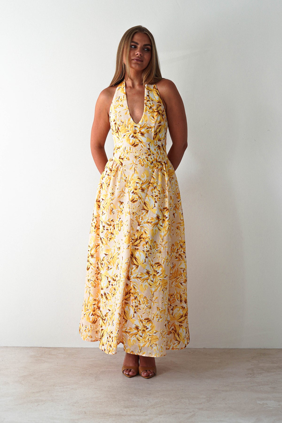Mina Halterneck Floral Skater Maxi Dress | Yellow-Oh Hello Clothing