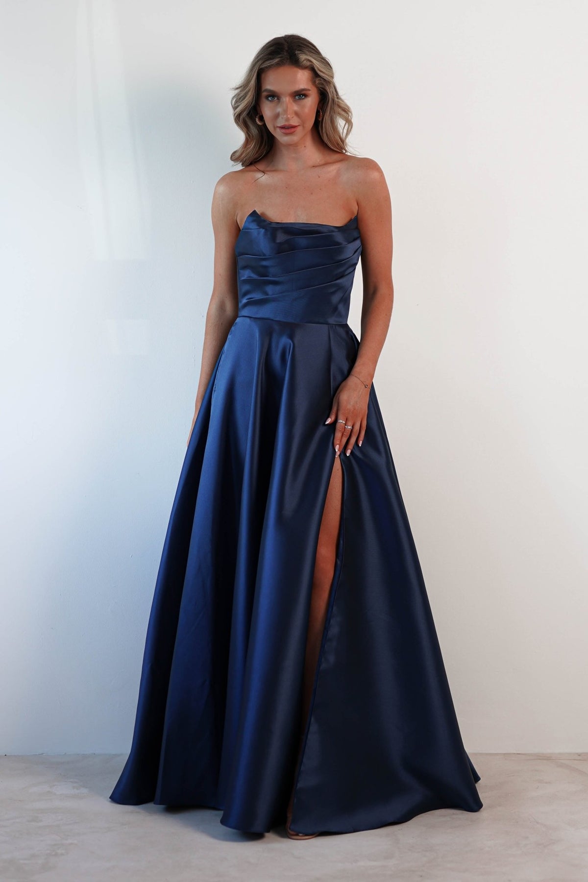 Miya Corset A-Line Satin Gown | Navy-Oh Hello Clothing