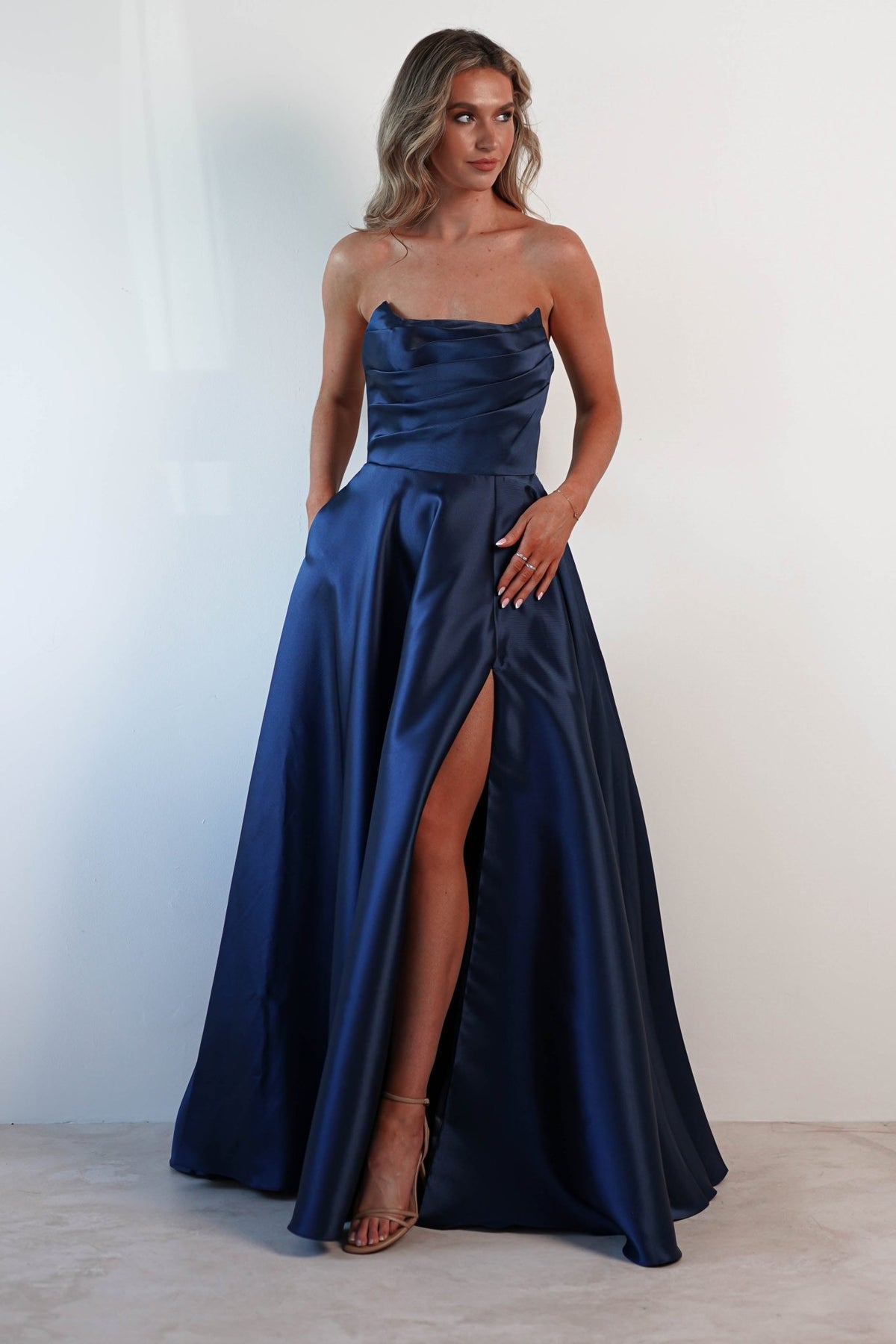 Miya Corset A-Line Satin Gown | Navy-Oh Hello Clothing