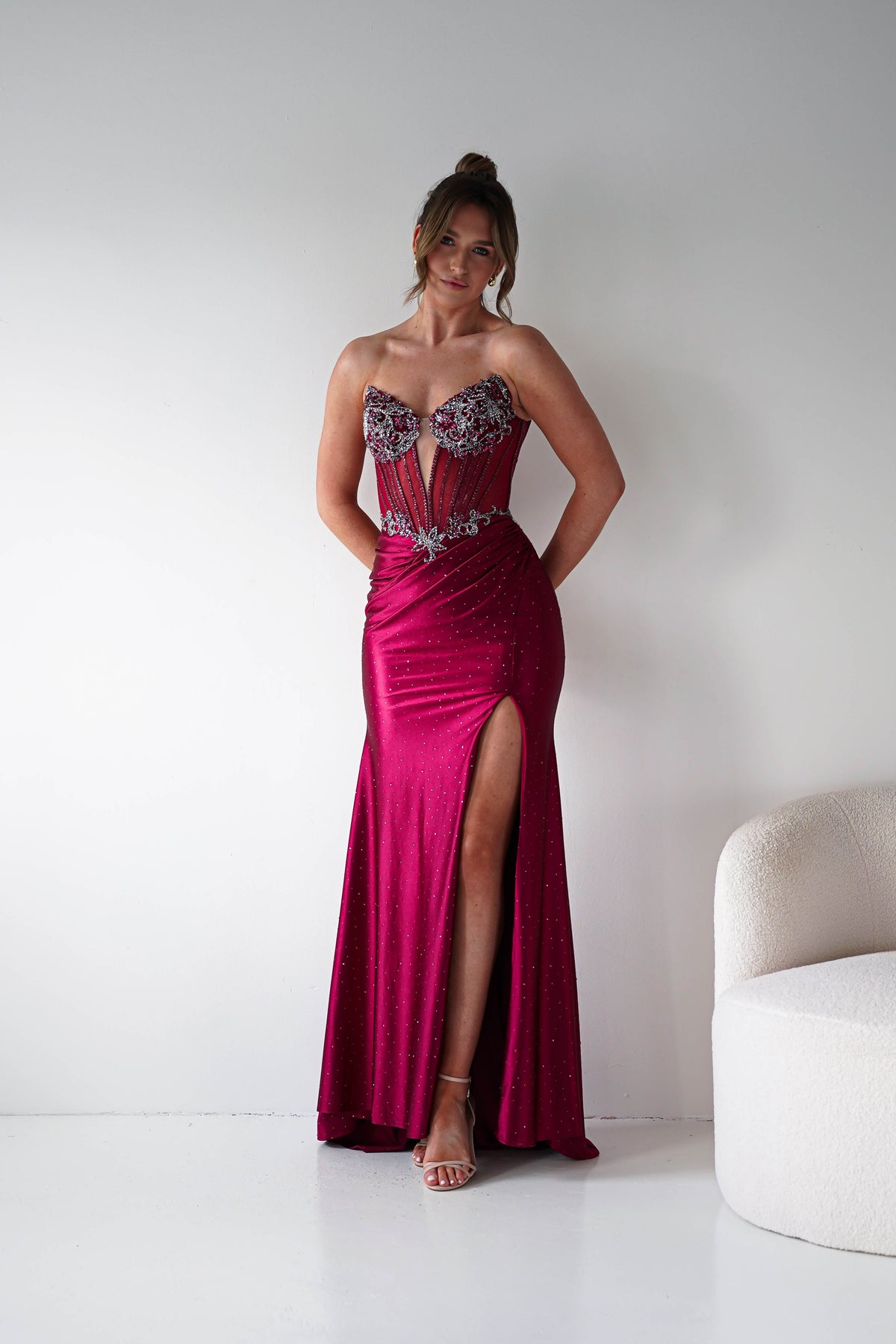 Monaco Rhinestone Strapless Gown | Dark Red-Oh Hello Clothing