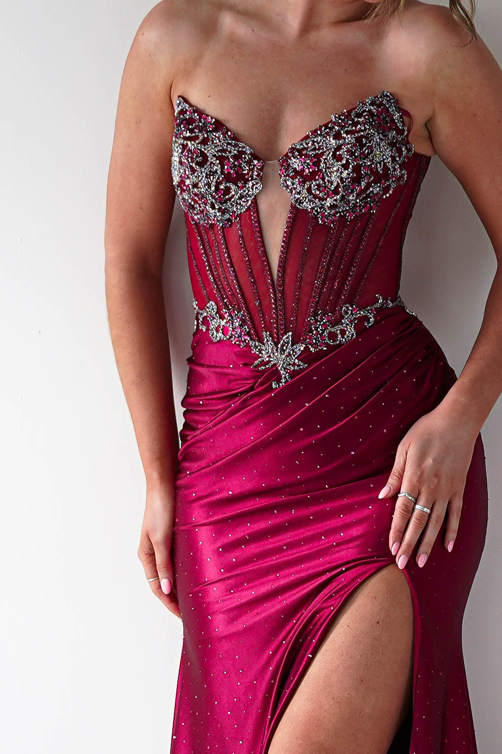 Monaco Rhinestone Strapless Gown | Dark Red-Oh Hello Clothing