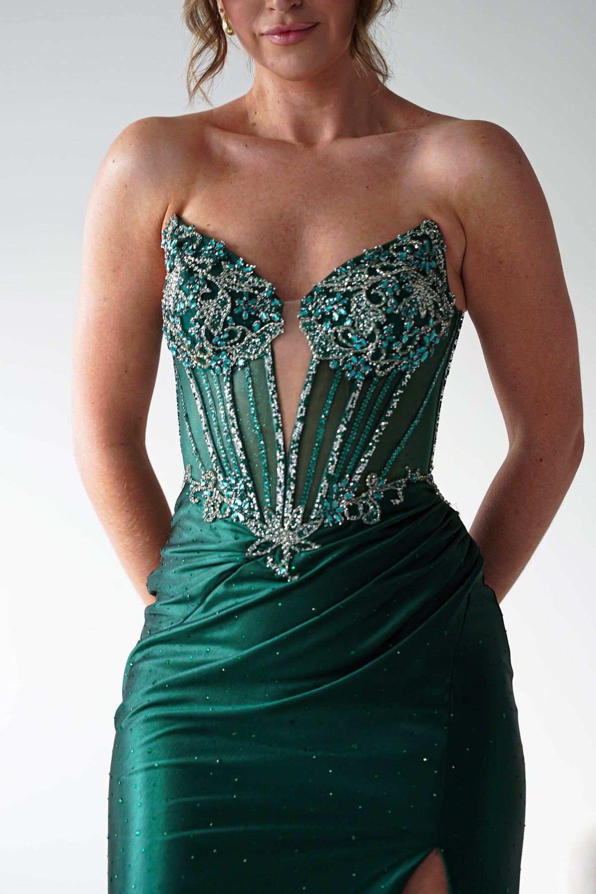 Monaco Rhinestone Strapless Gown | Emerald Green-Oh Hello Clothing