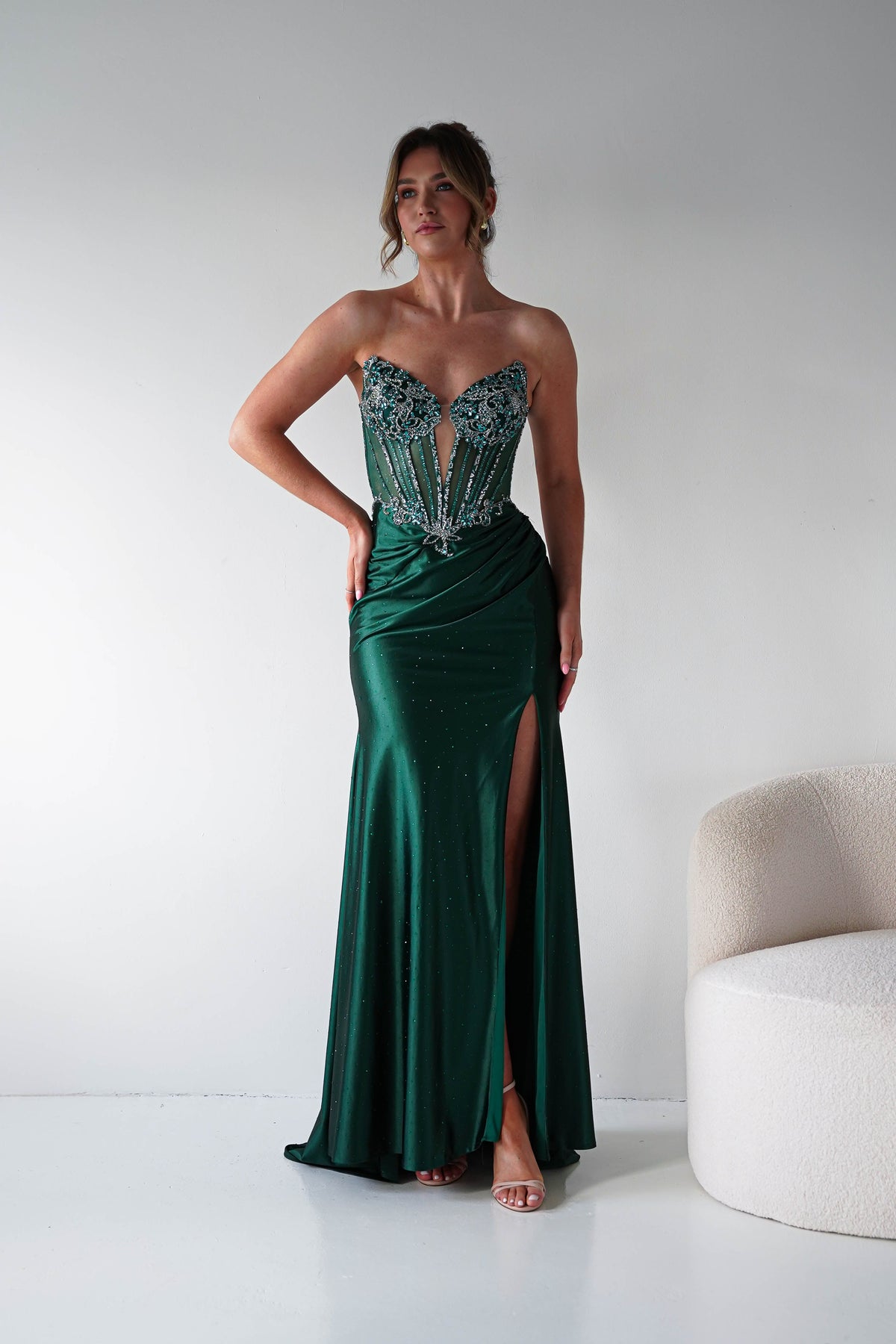Monaco Rhinestone Strapless Gown | Emerald Green-Oh Hello Clothing