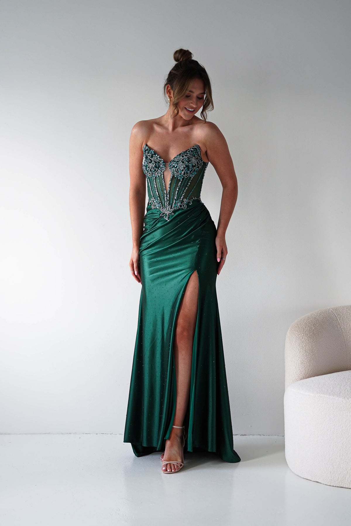 Monaco Rhinestone Strapless Gown | Emerald Green-Oh Hello Clothing