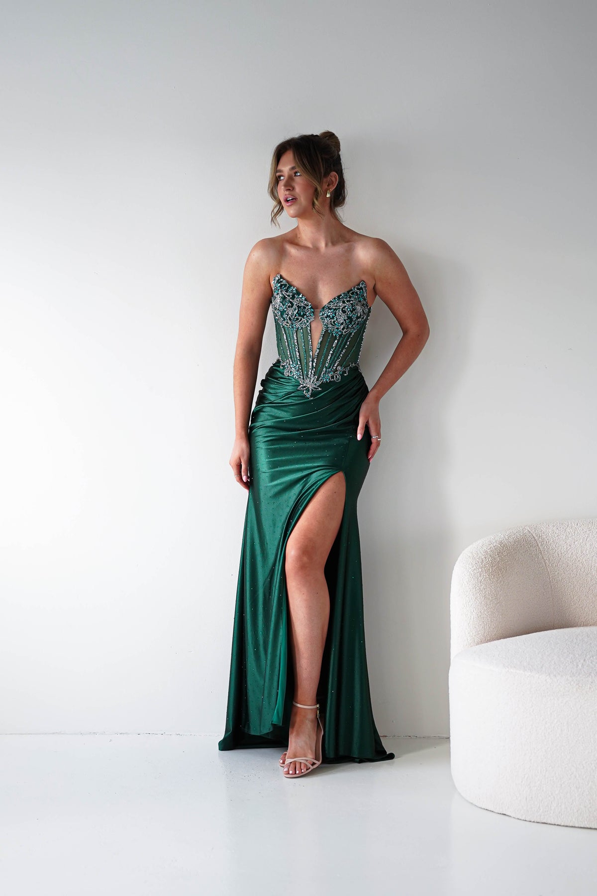 Monaco Rhinestone Strapless Gown | Emerald Green-Oh Hello Clothing