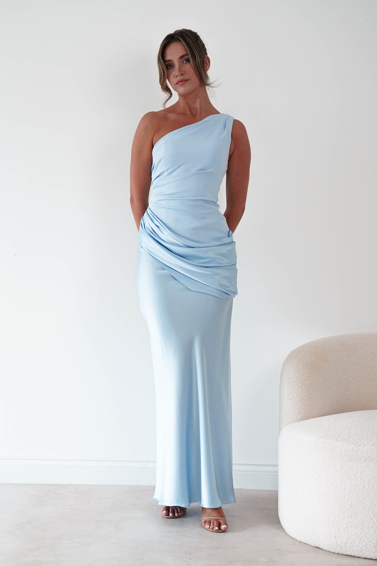 Nadalia One Shoulder Satin Maxi Dress | Blue-Oh Hello Clothing