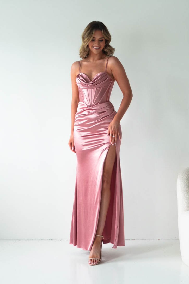 Naida Draped Corset Satin Maxi Dress | Rose-Oh Hello Clothing