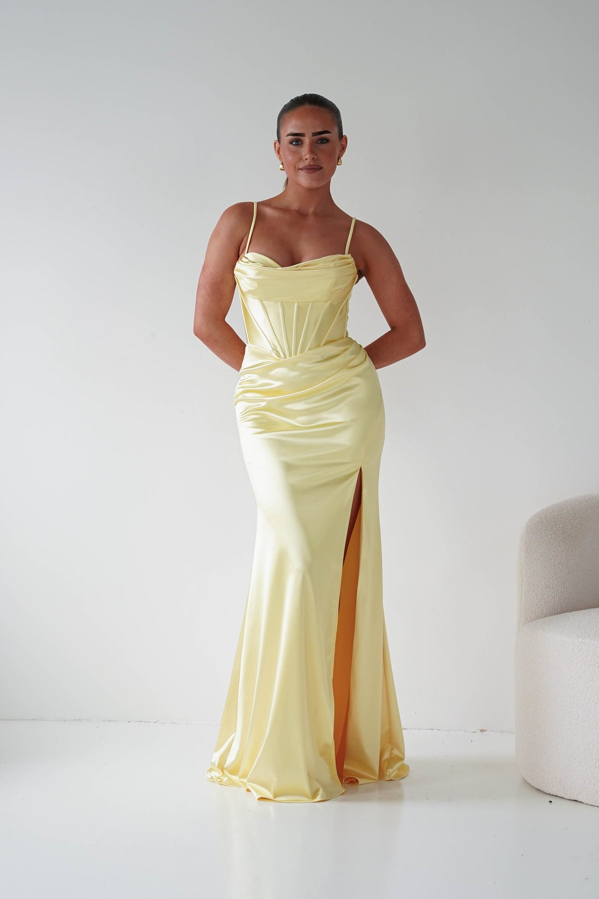 Naida Draped Corset Satin Maxi Dress | Yellow-Oh Hello Clothing