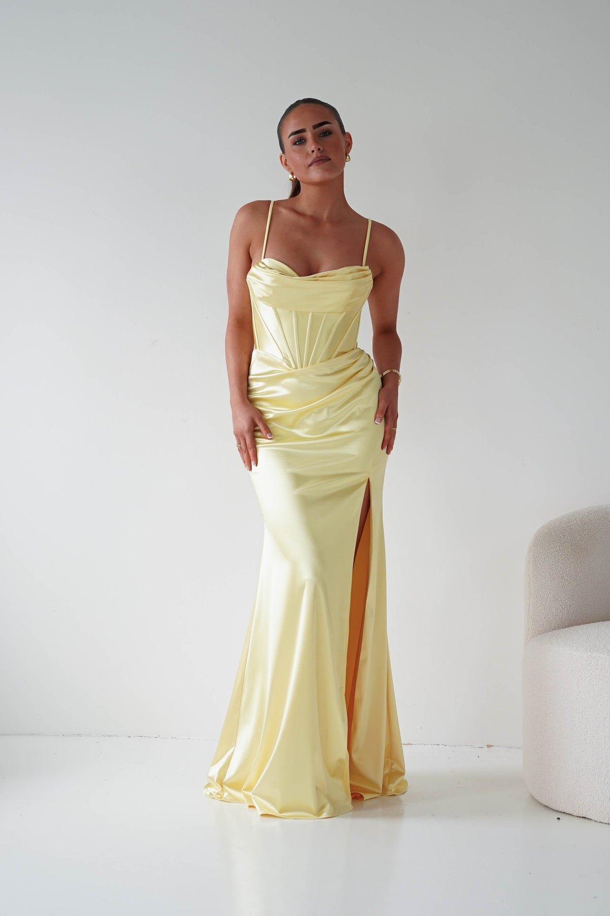 Naida Draped Corset Satin Maxi Dress | Yellow-Oh Hello Clothing