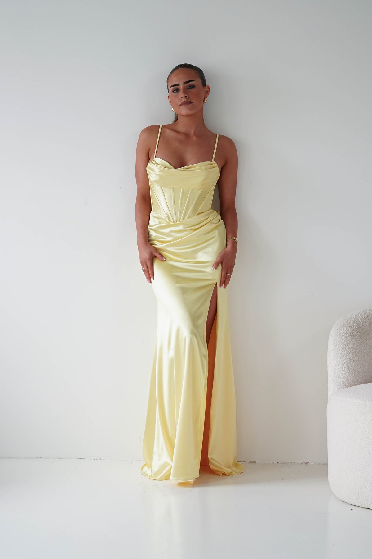 Naida Draped Corset Satin Maxi Dress | Yellow-Oh Hello Clothing