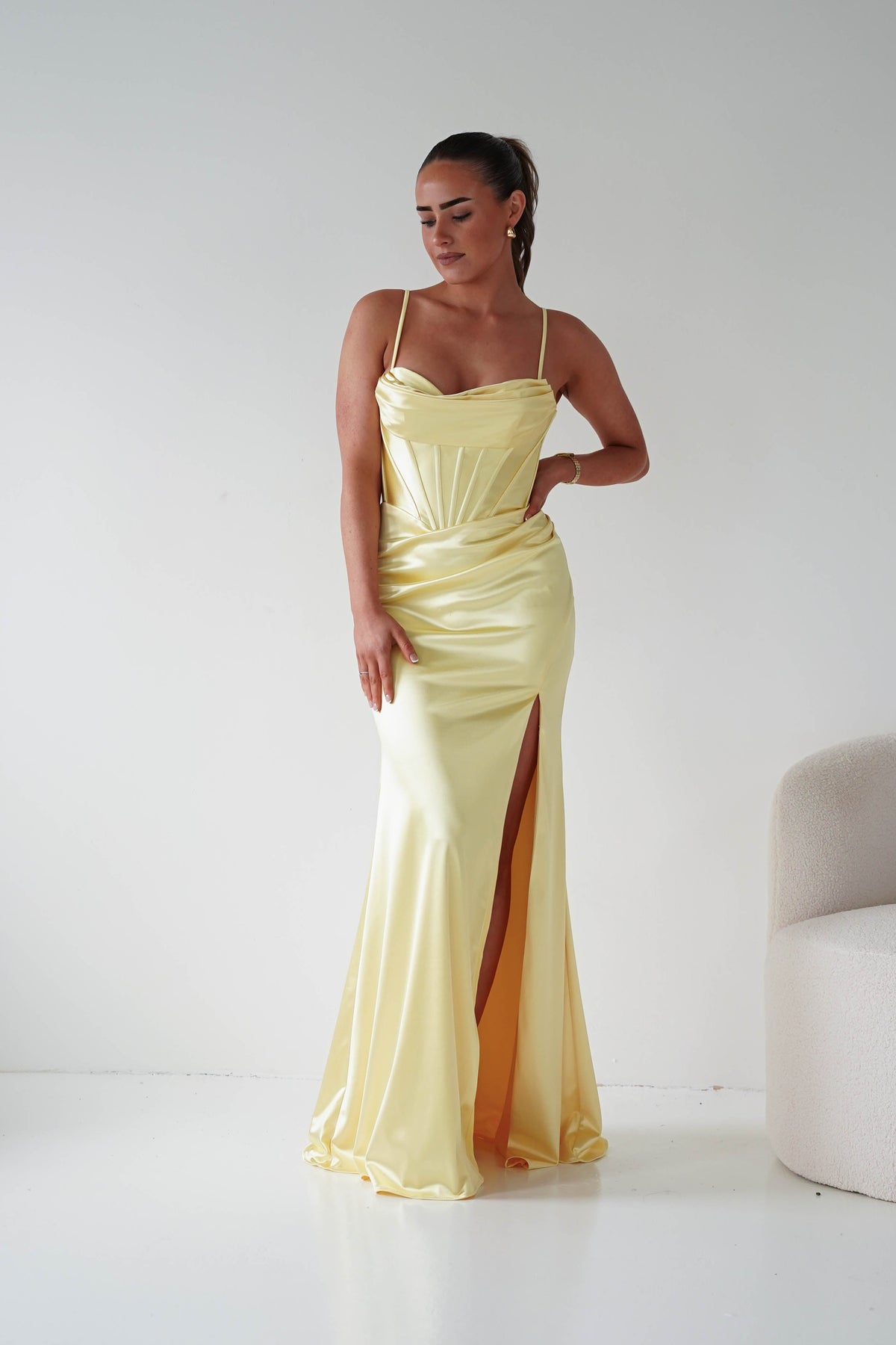 Naida Draped Corset Satin Maxi Dress | Yellow-Oh Hello Clothing