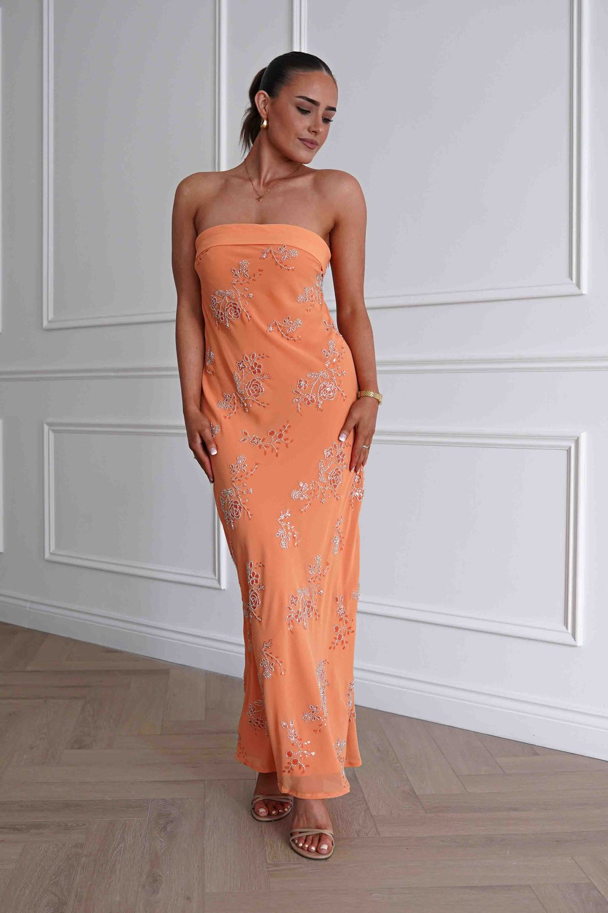 Nenita Beaded Strapless Maxi Dress | Orange-Oh Hello Clothing