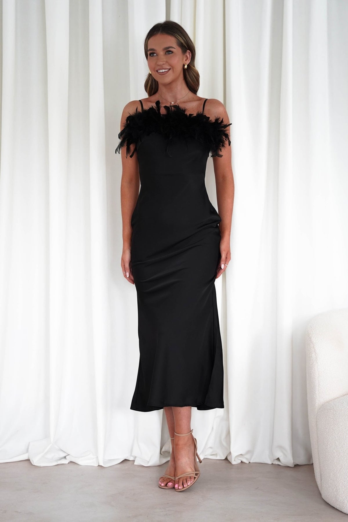 Neve Silky Satin Feather Slip Dress | Black-Oh Hello Clothing