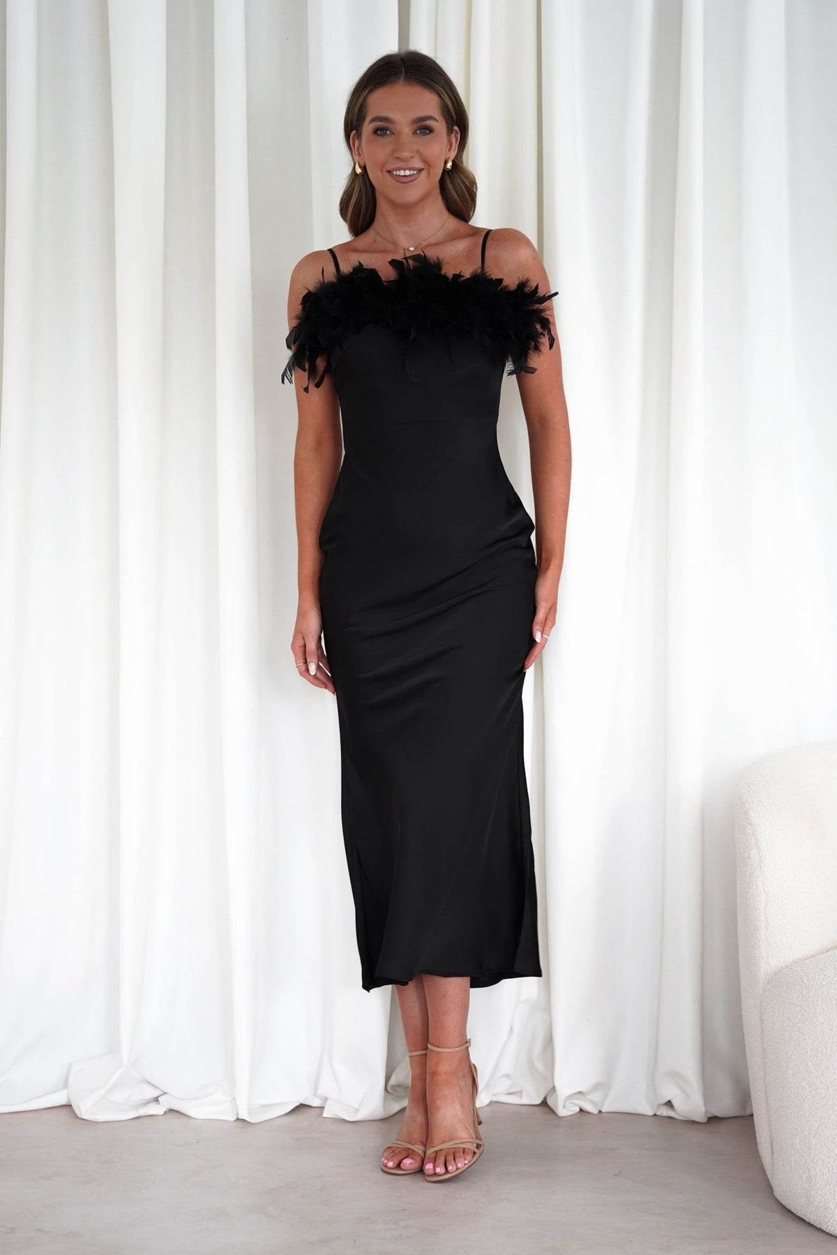 Neve Silky Satin Feather Slip Dress | Black-Oh Hello Clothing
