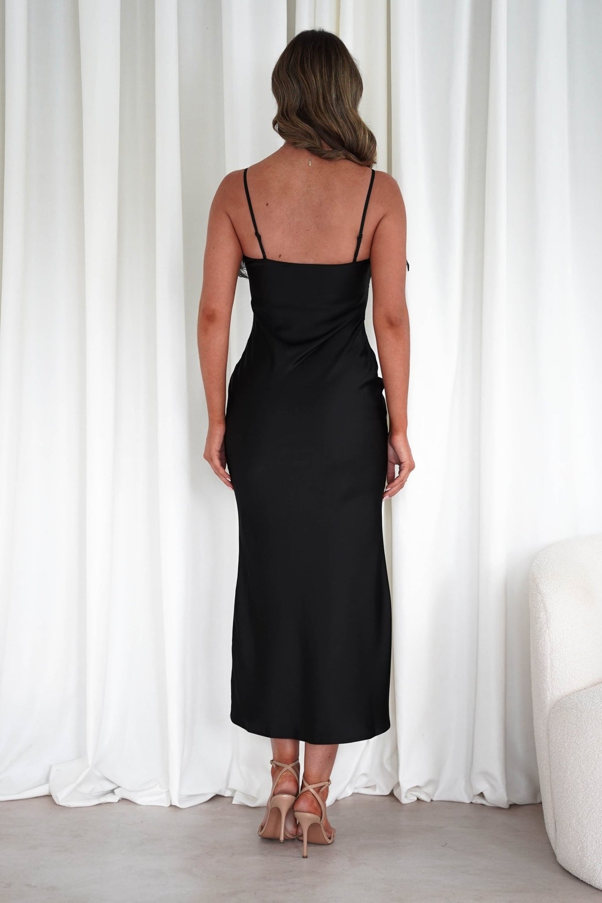 Neve Silky Satin Feather Slip Dress | Black-Oh Hello Clothing