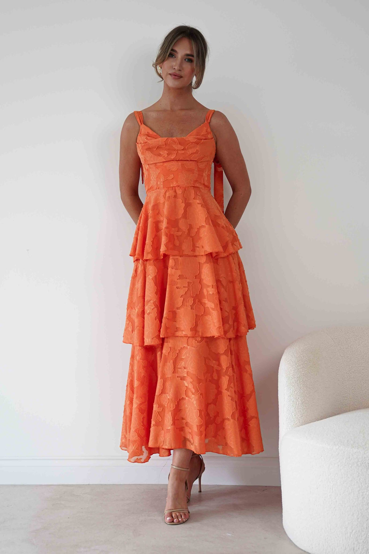 Niama Floral Jacquard Tiered Maxi Dress | Orange-Oh Hello Clothing