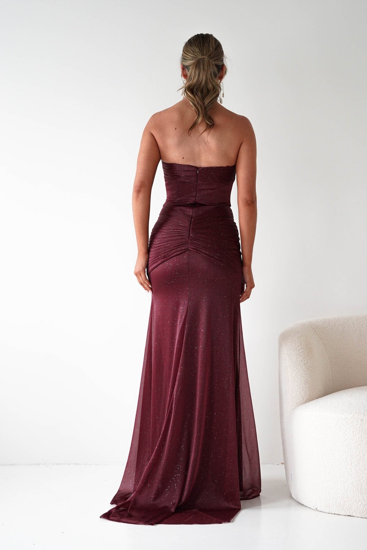 Nicola Strapless Glitter Gown | Burgundy-Oh Hello Clothing