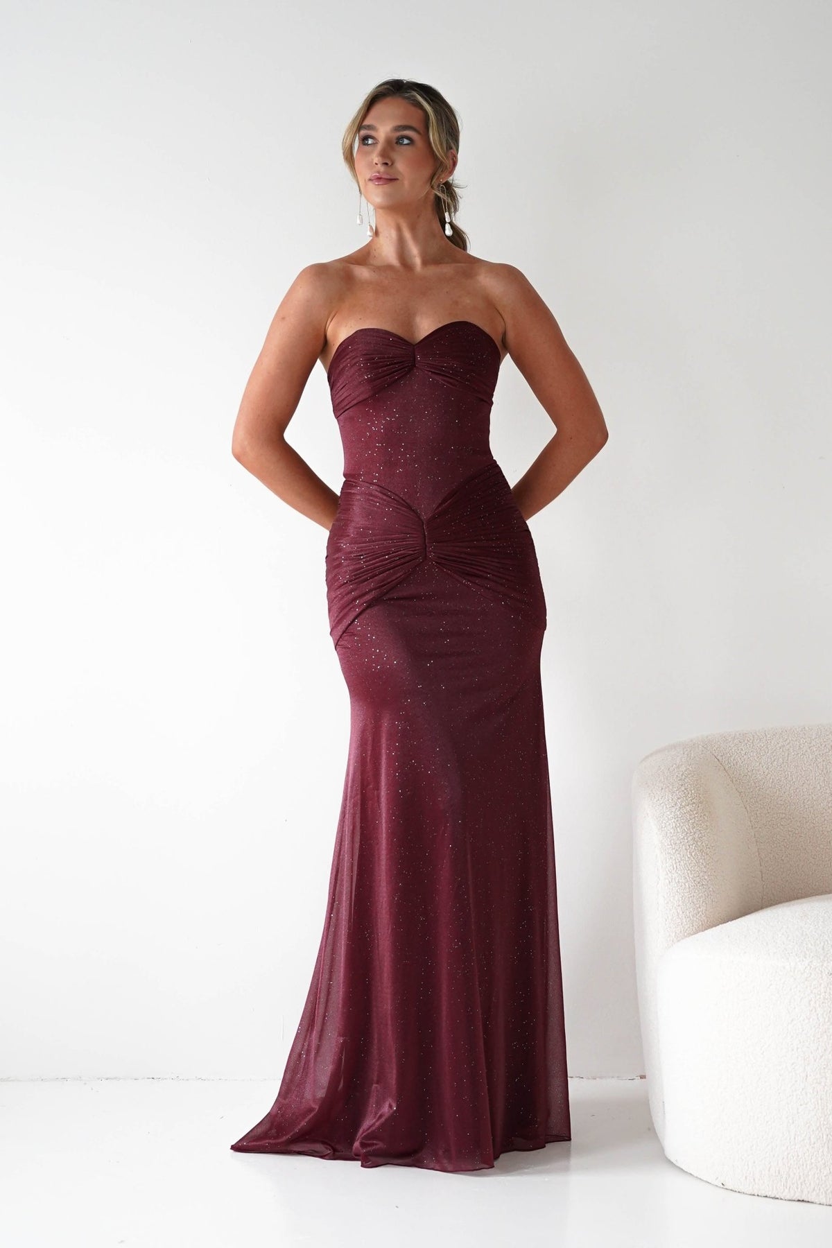 Nicola Strapless Glitter Gown | Burgundy-Oh Hello Clothing