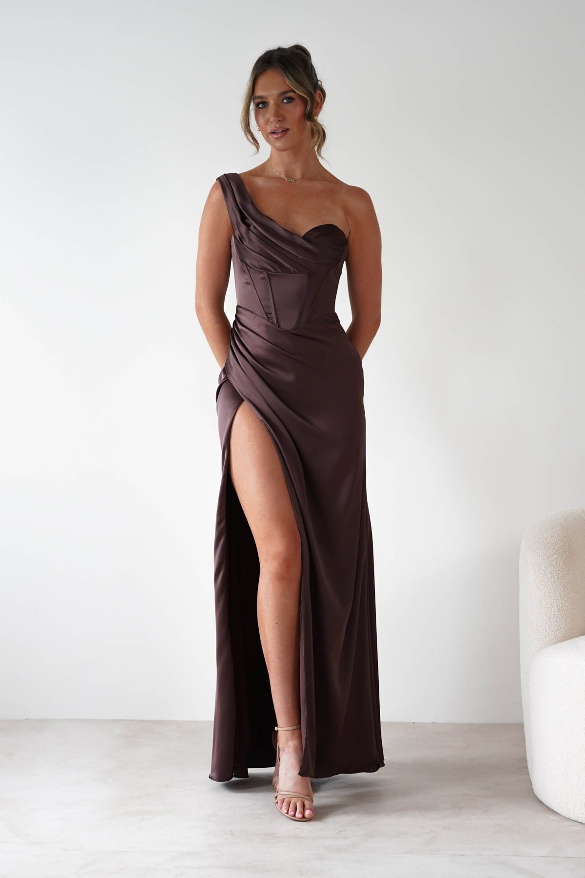 Nicolette Soft Satin Maxi Gown | Brown-Oh Hello Clothing