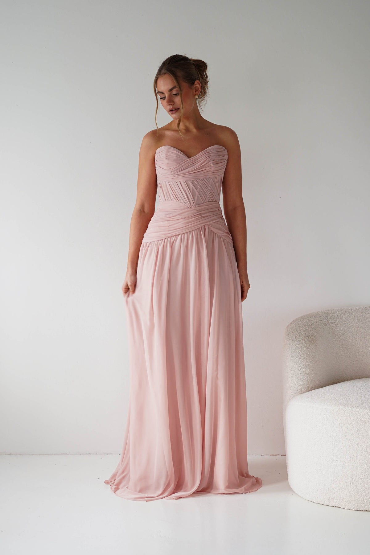Nicolette Strapless Chiffon Maxi Gown | Blush-Oh Hello Clothing