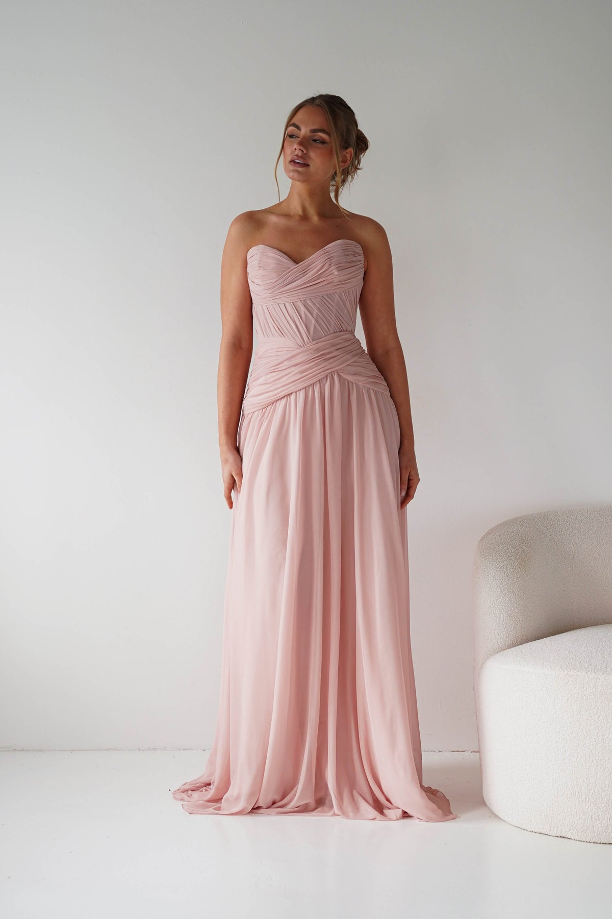 Nicolette Strapless Chiffon Maxi Gown | Blush-Oh Hello Clothing