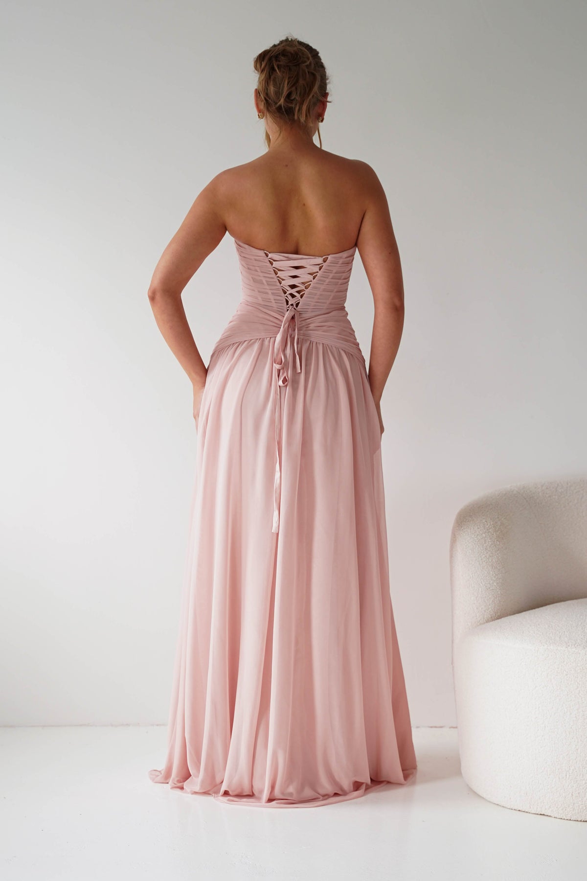Nicolette Strapless Chiffon Maxi Gown | Blush-Oh Hello Clothing