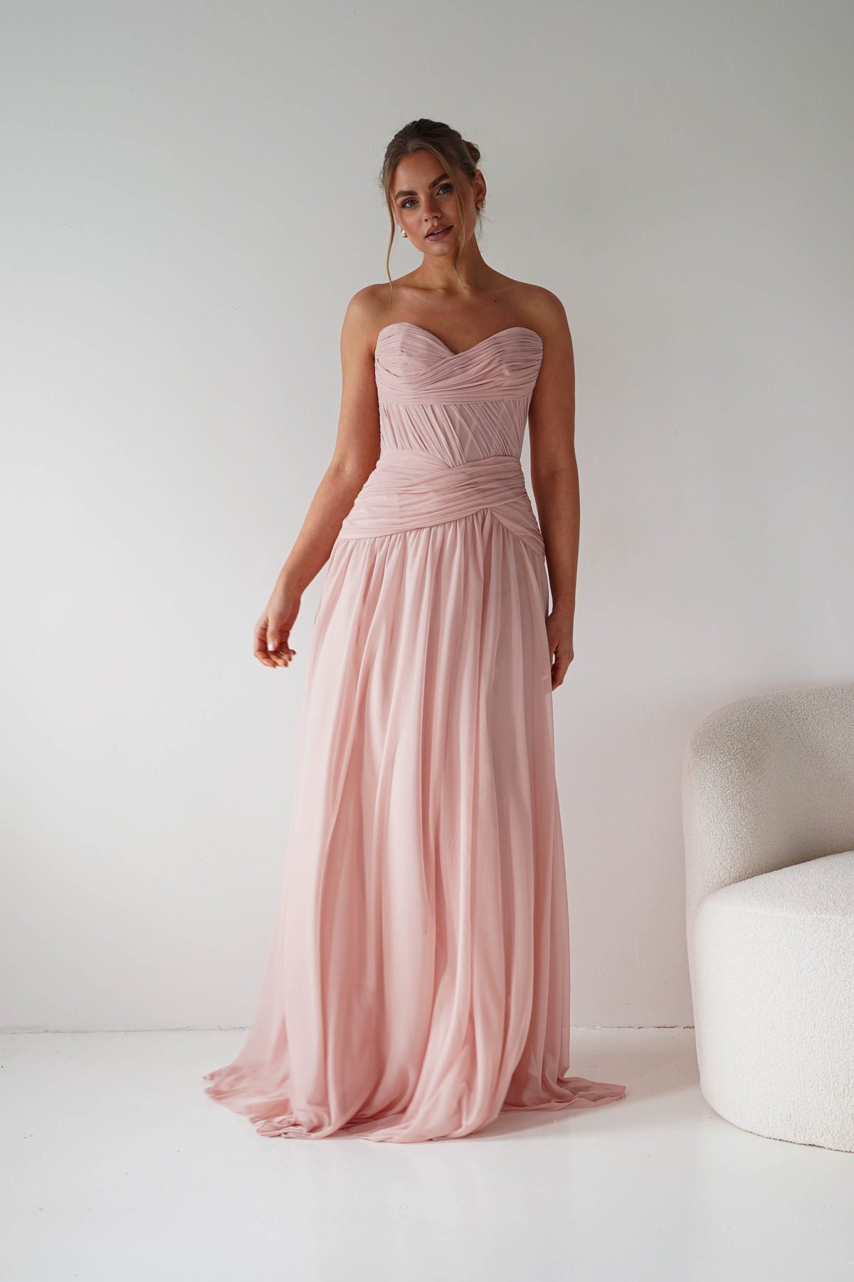 Nicolette Strapless Chiffon Maxi Gown | Blush-Oh Hello Clothing