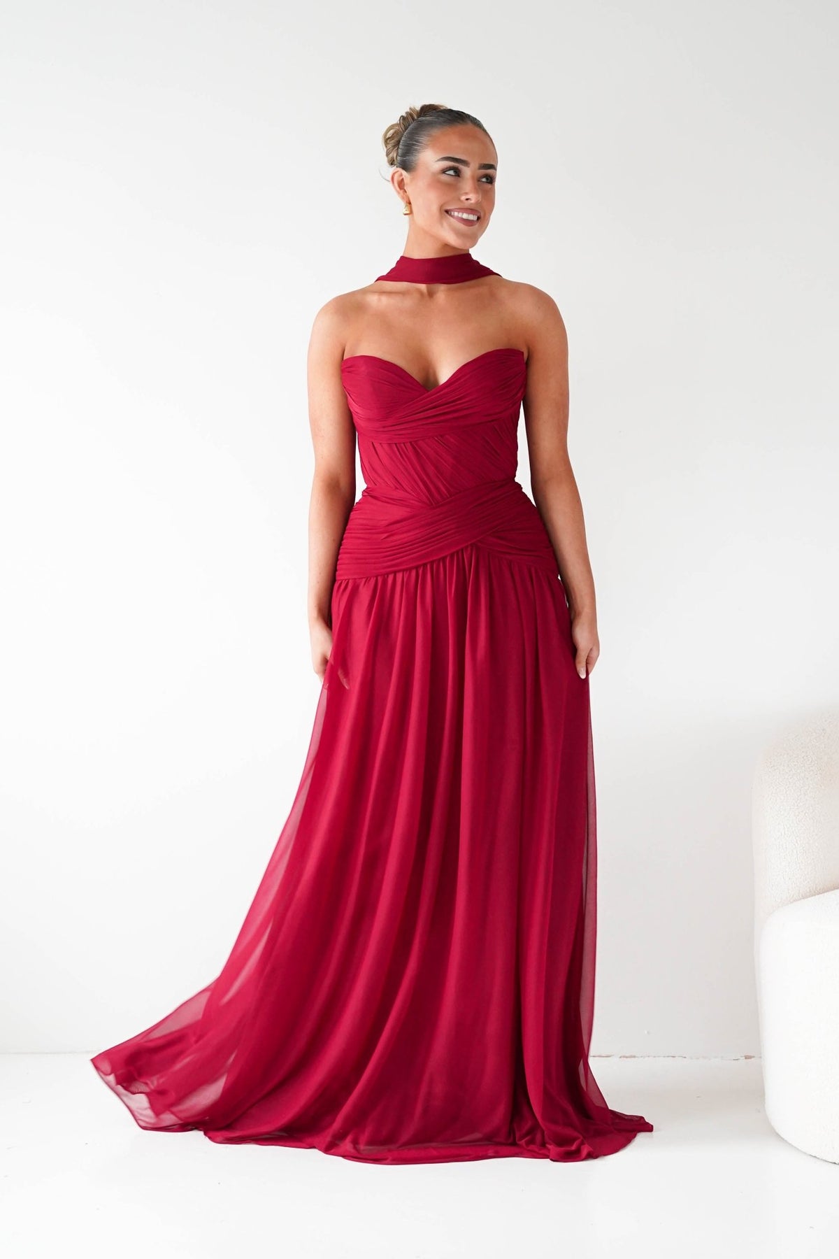Nicolette Strapless Chiffon Maxi Gown | Dark Red-Oh Hello Clothing
