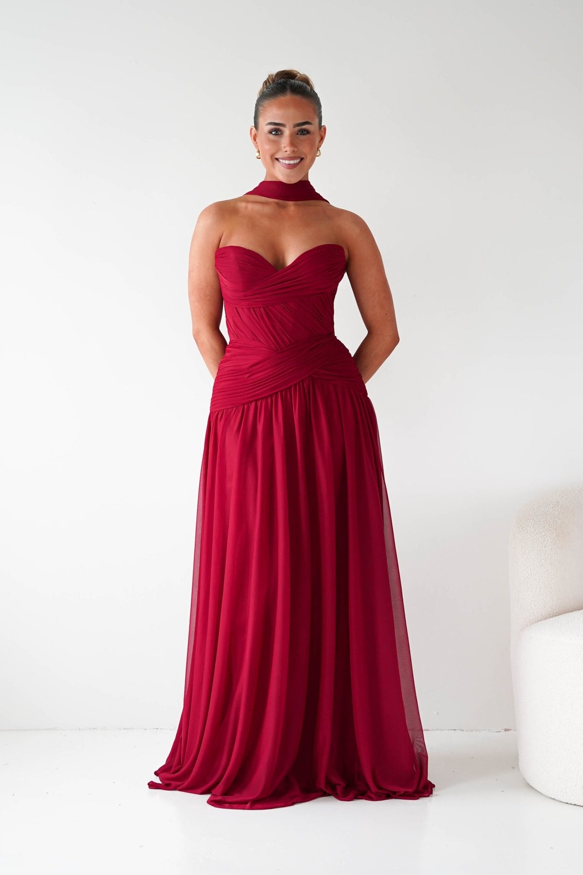 Nicolette Strapless Chiffon Maxi Gown | Dark Red-Oh Hello Clothing