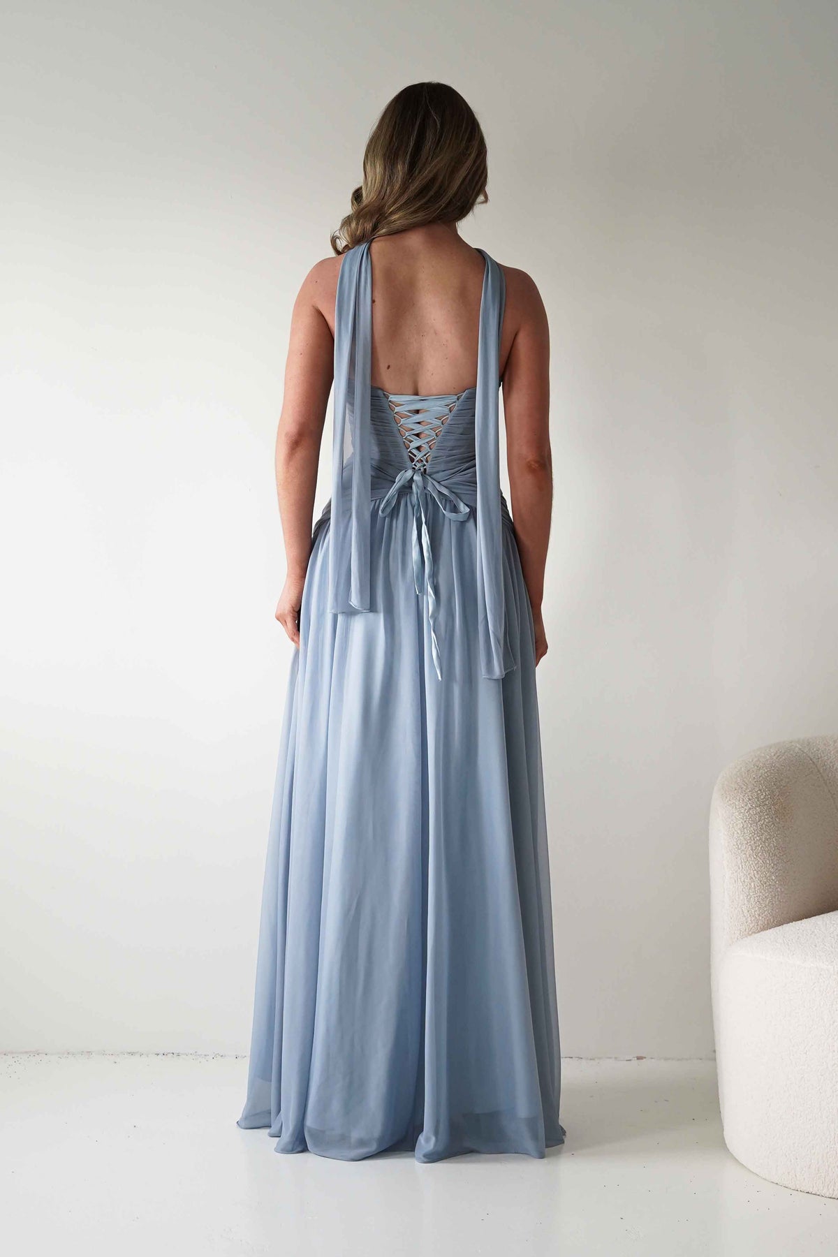 Nicolette Strapless Chiffon Maxi Gown | Dusty Blue-Oh Hello Clothing