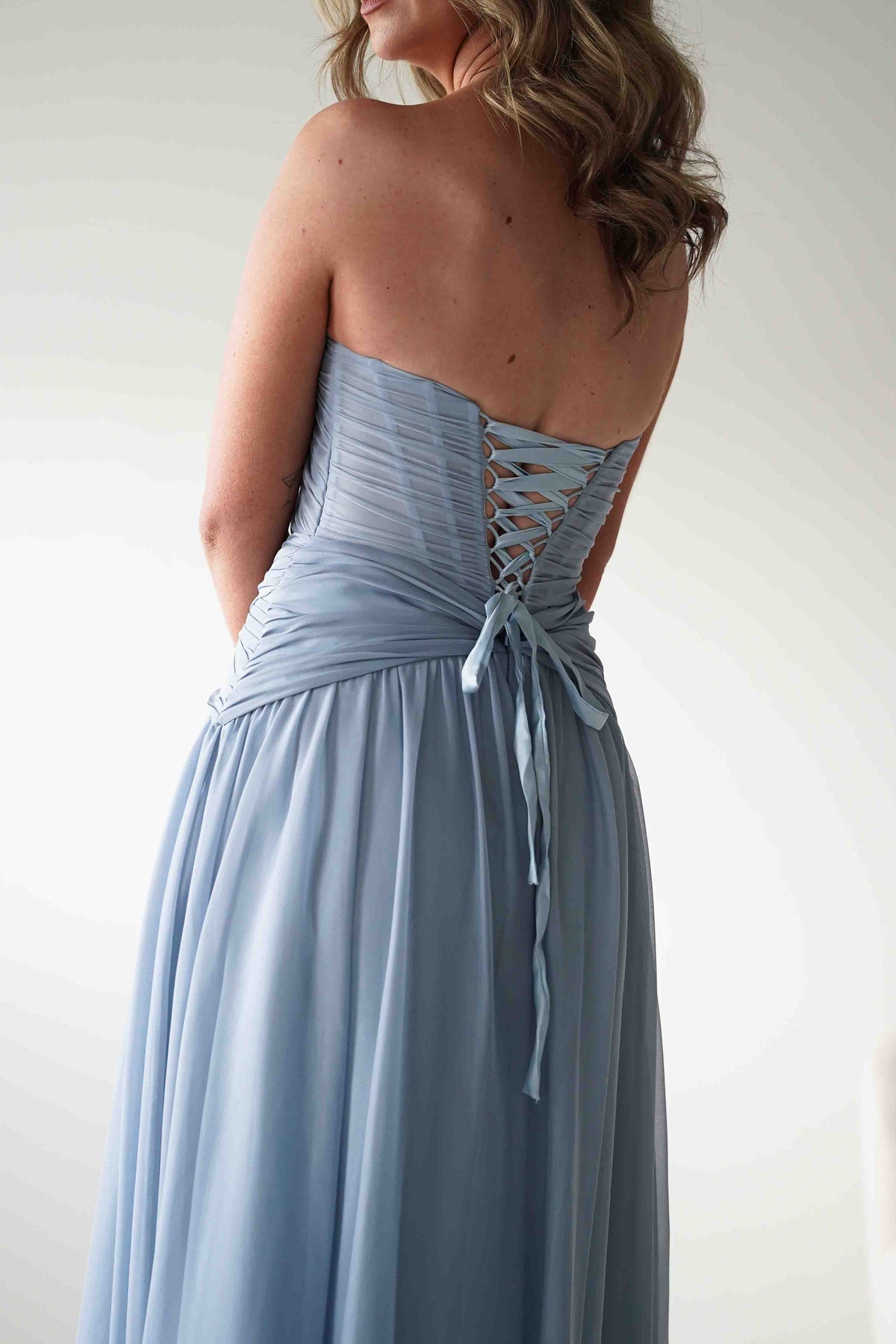 Nicolette Strapless Chiffon Maxi Gown | Dusty Blue-Oh Hello Clothing
